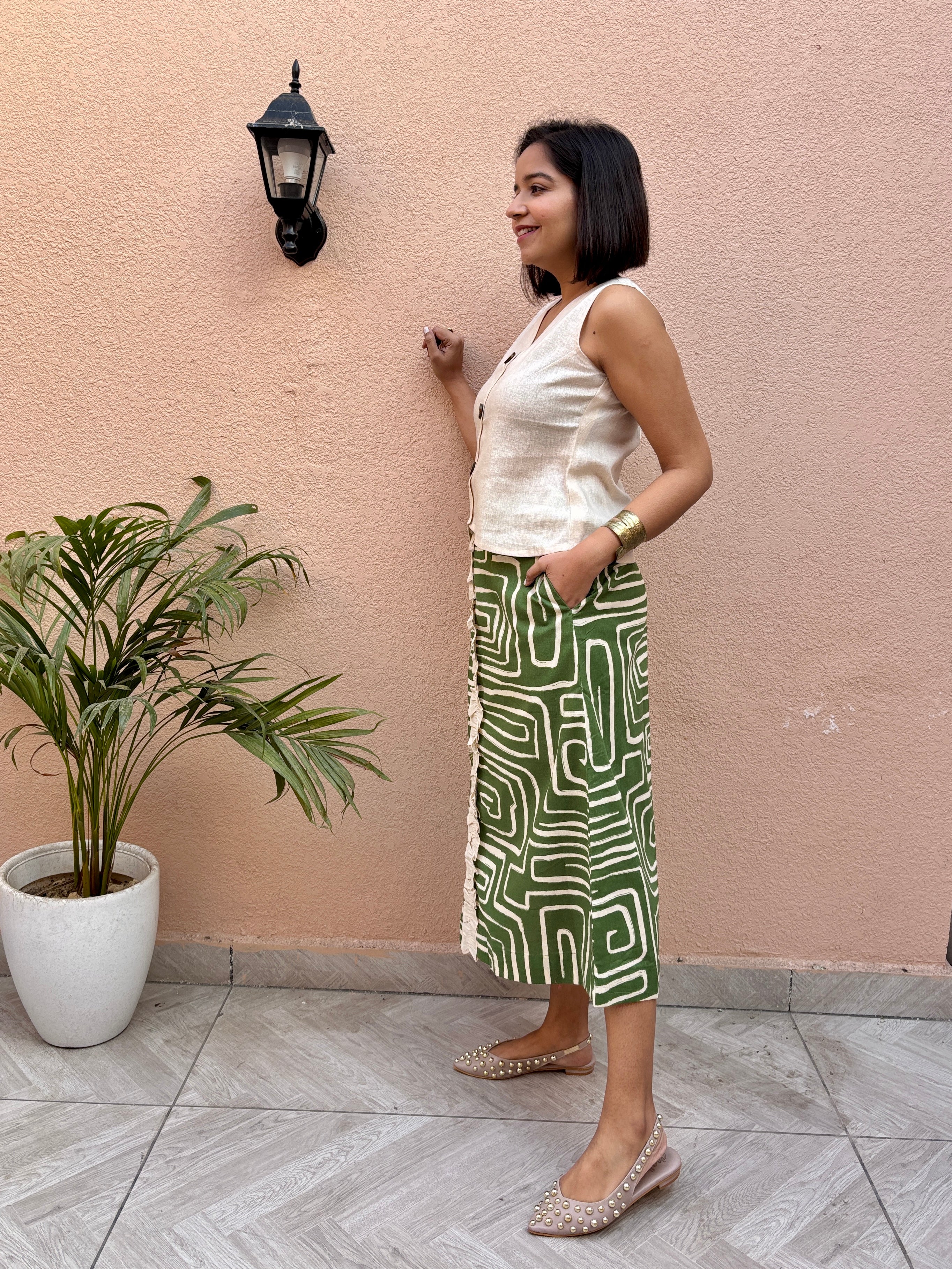 Olive Maze Print Cotton-Linen A-Line Skirt