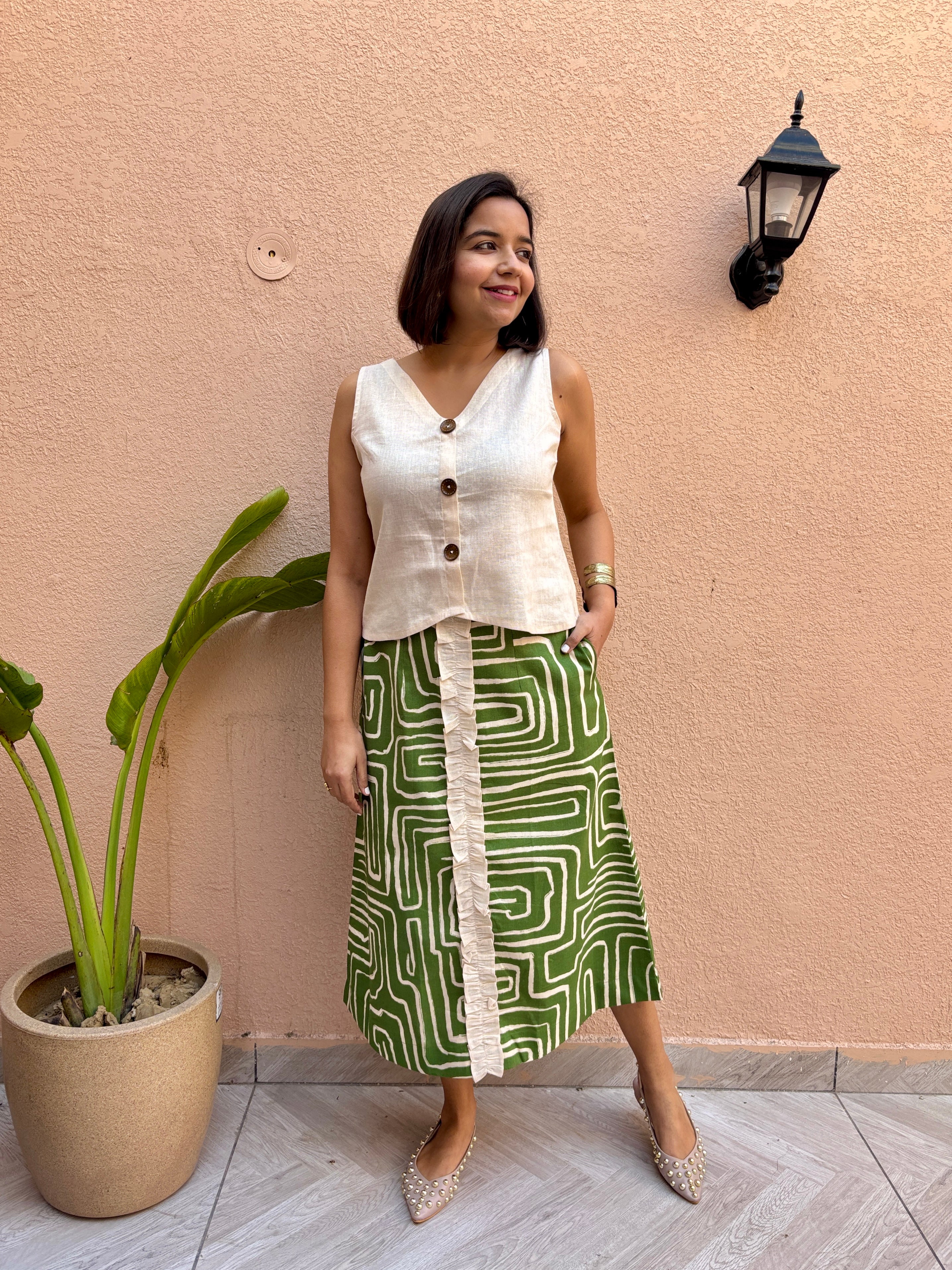 Olive Maze Print Cotton-Linen A-Line Skirt