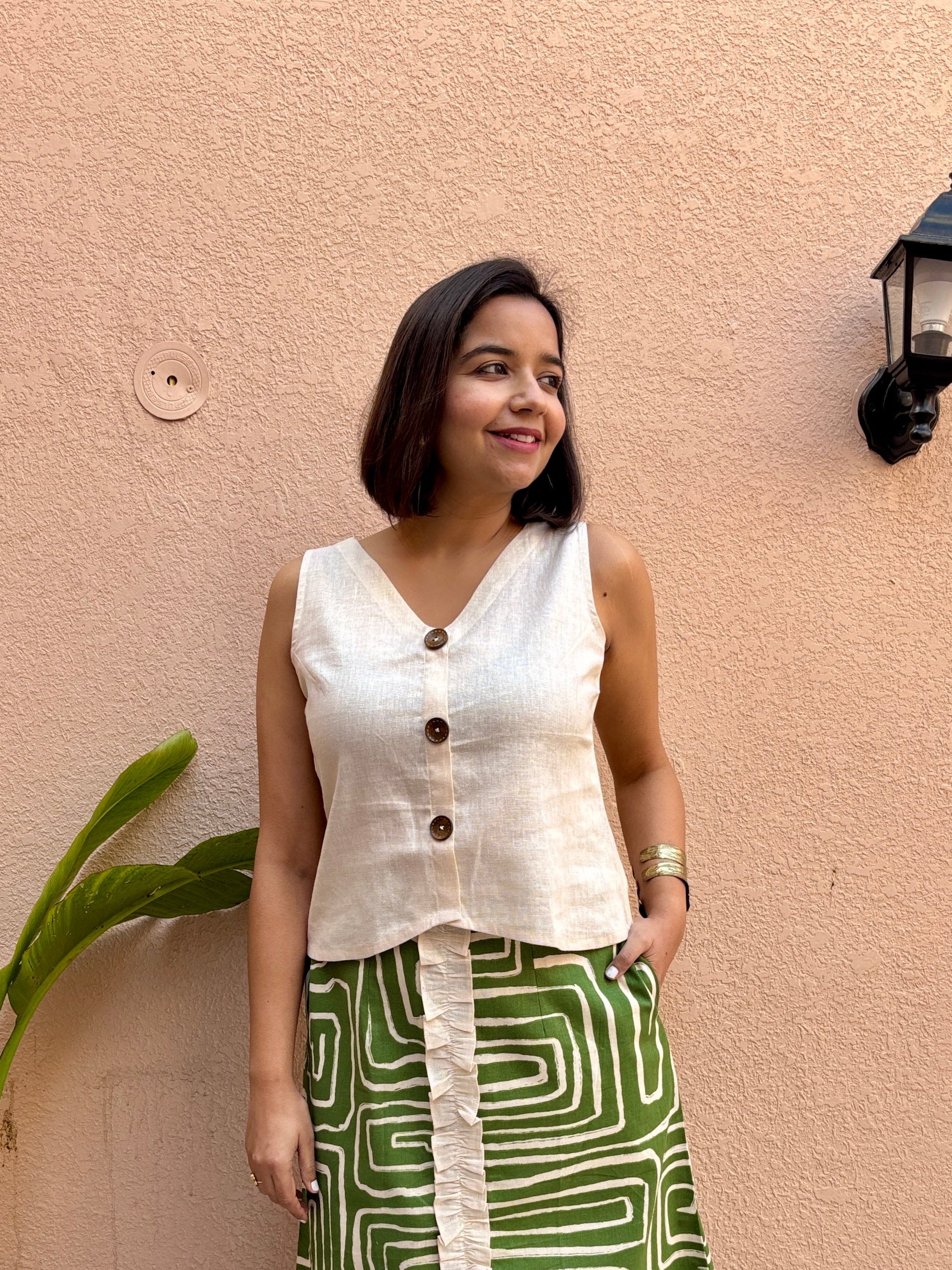 Beige Linen Button-Down Vest Top