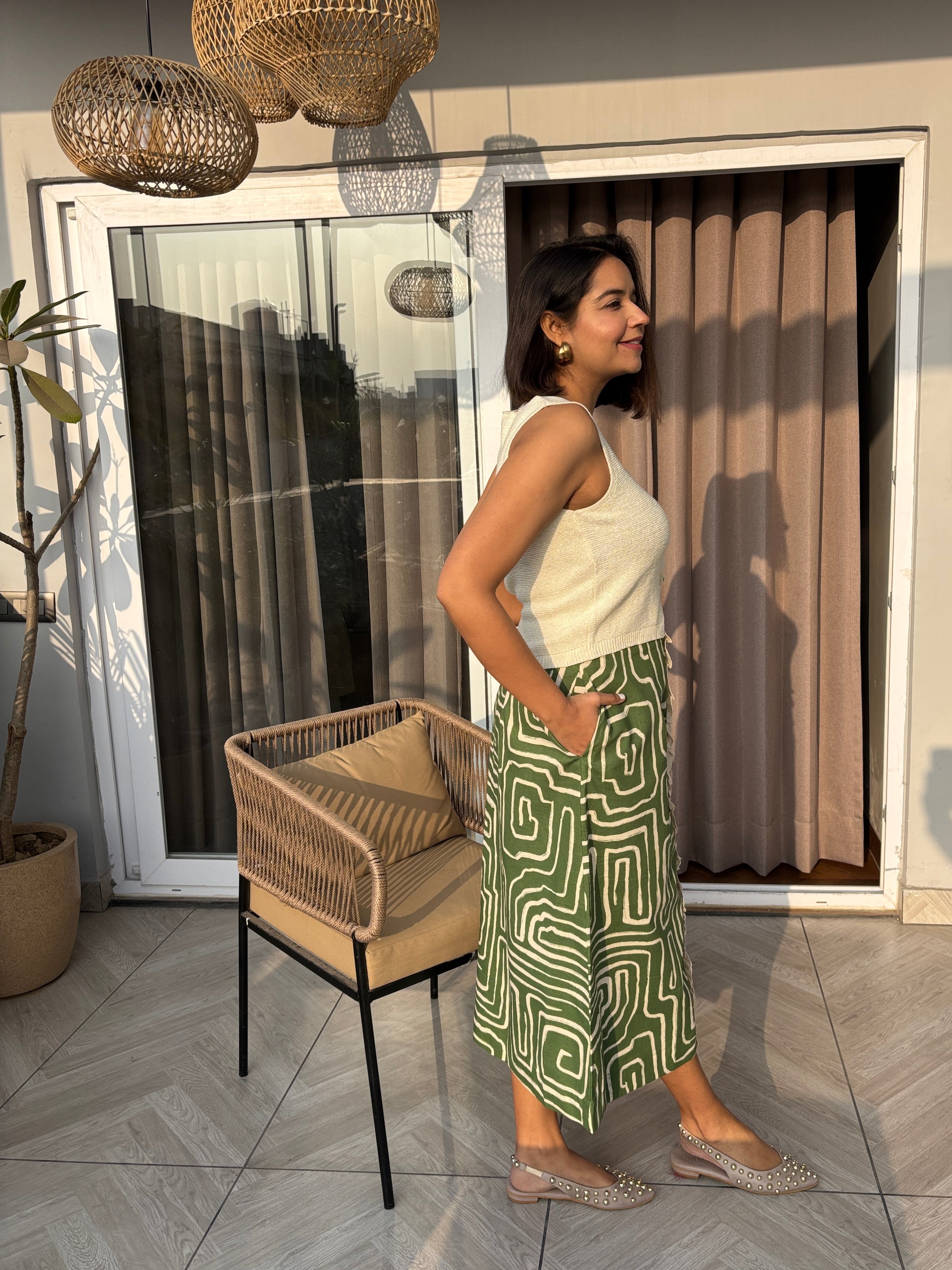 Olive Maze Print Cotton-Linen A-Line Skirt