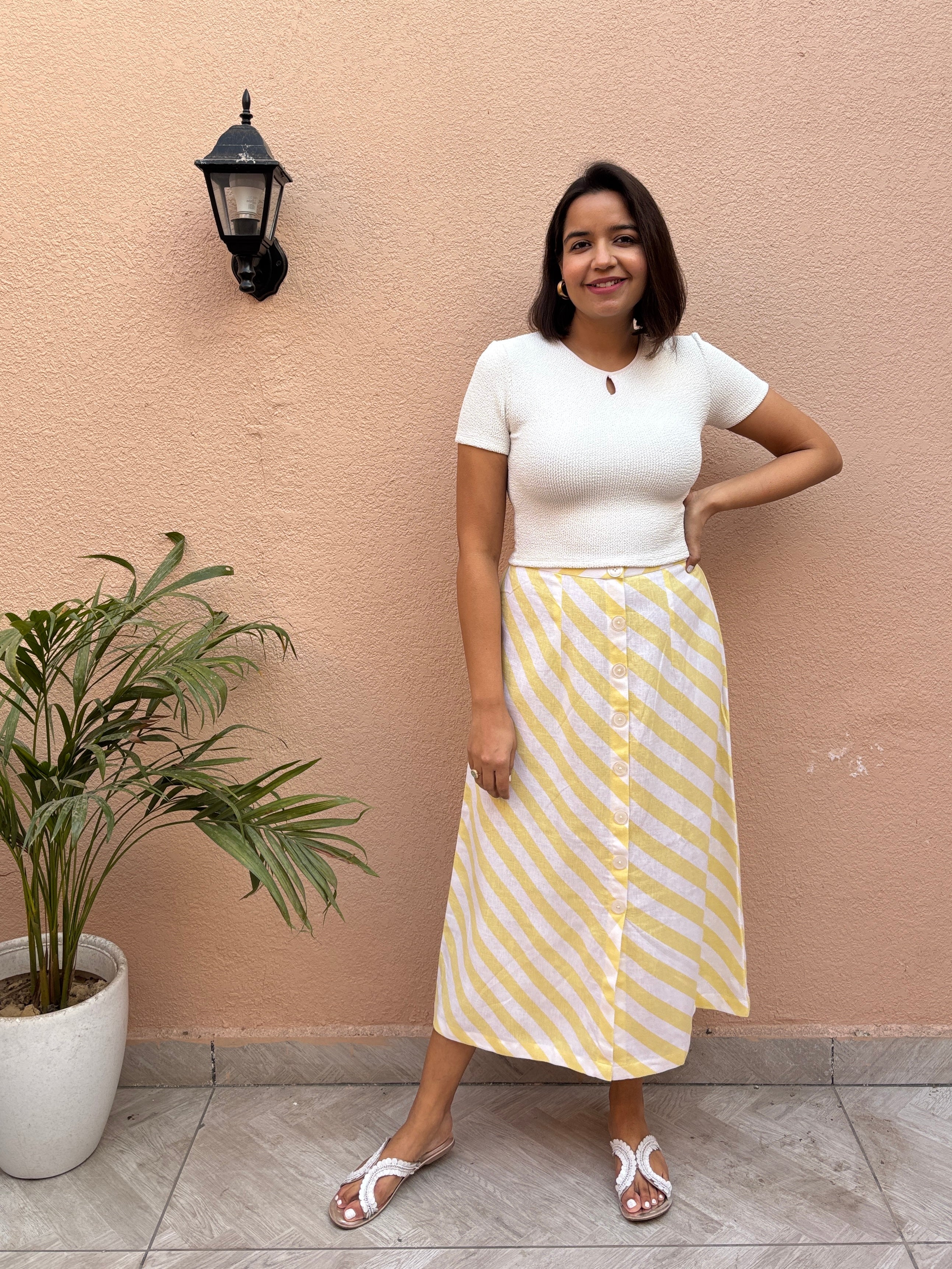 Lemon Stripe Cotton-Linen Midi Skirt