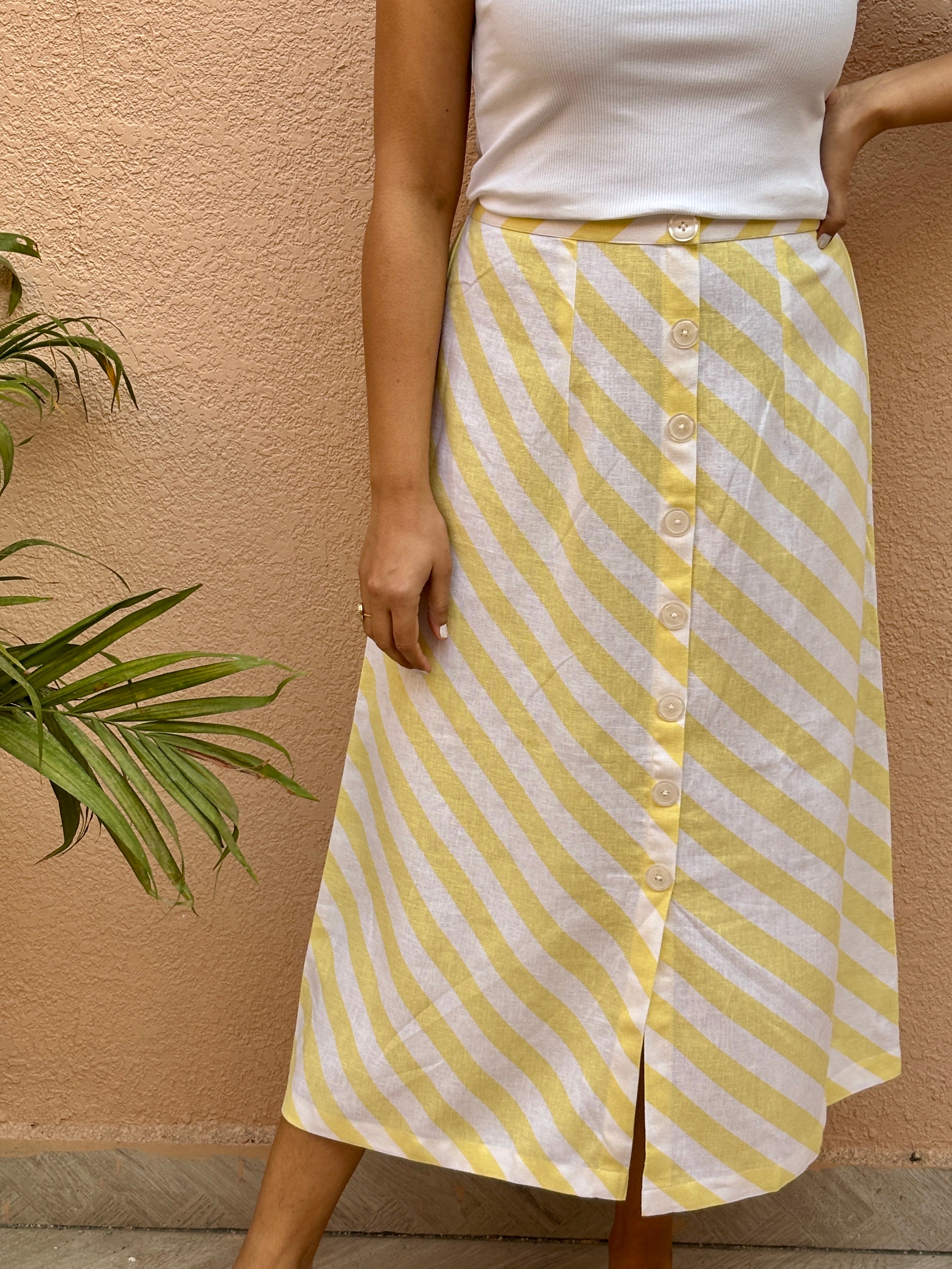 Lemon Stripe Cotton-Linen Midi Skirt