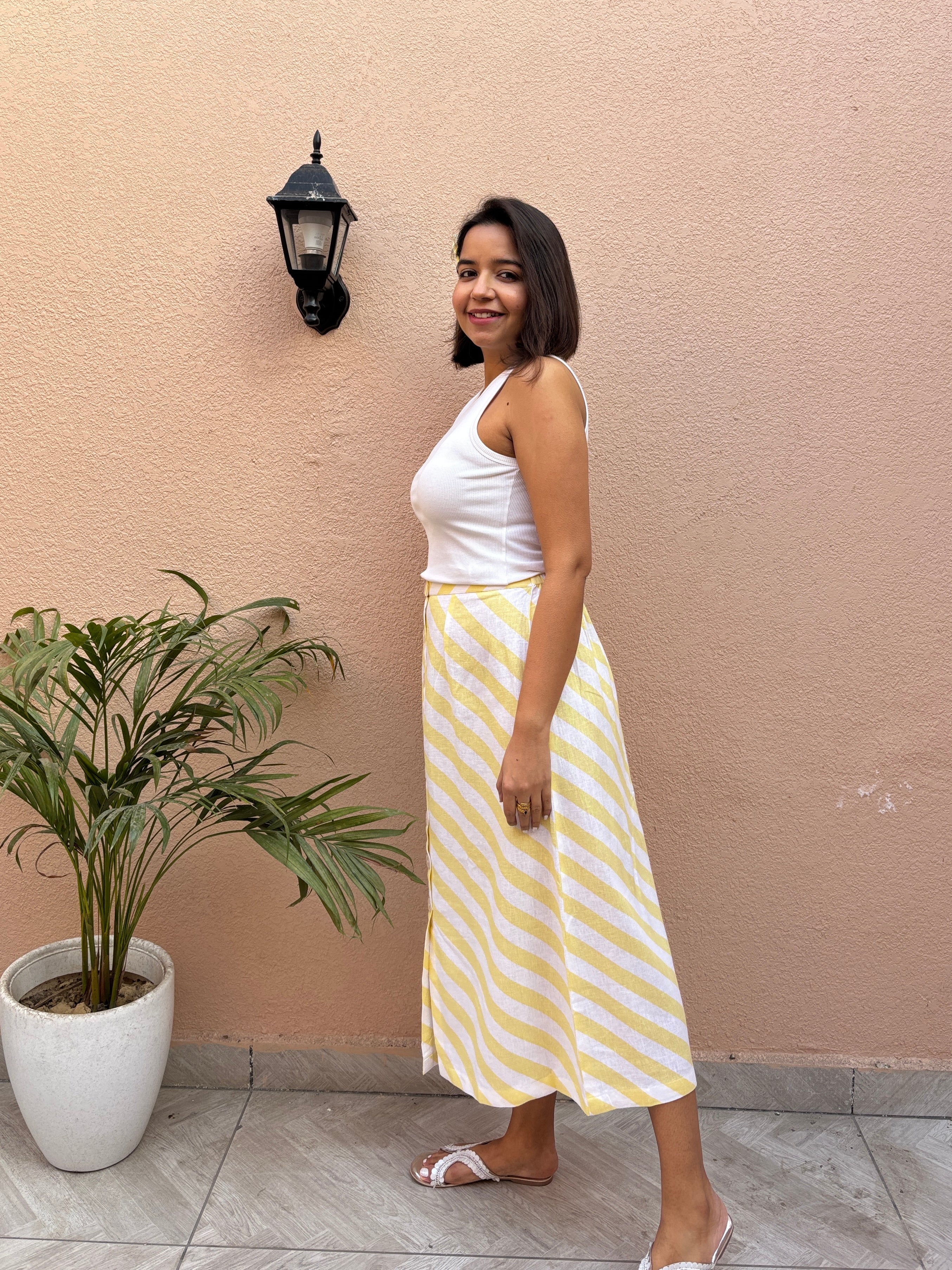 Lemon Stripe Cotton-Linen Midi Skirt