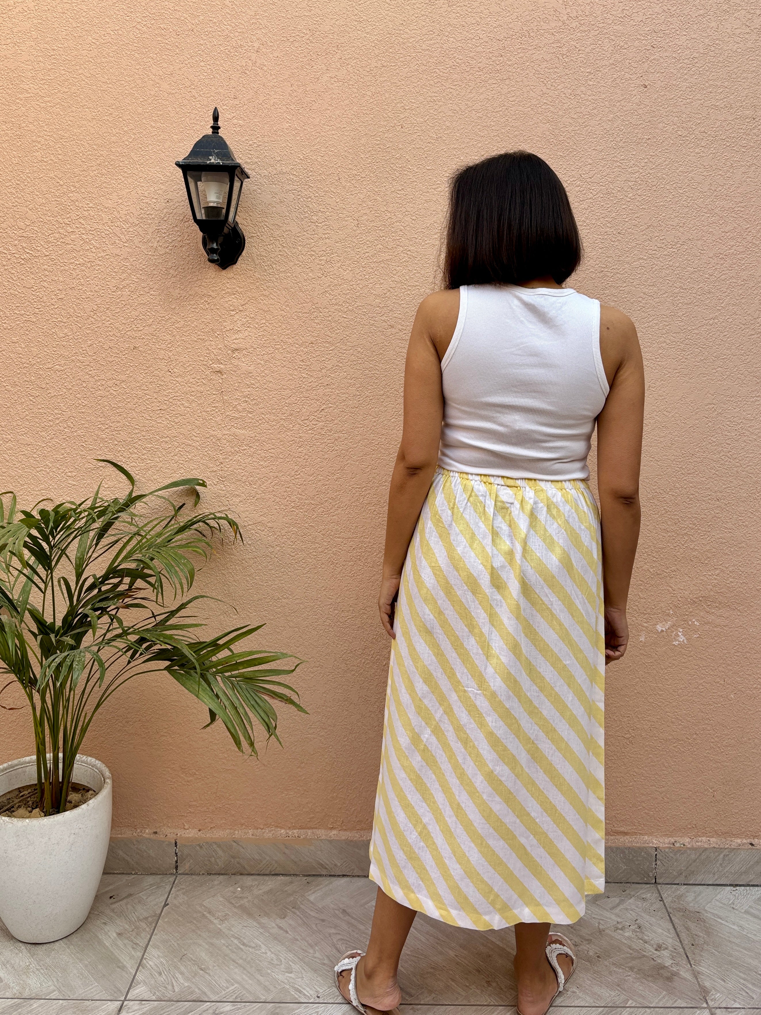Lemon Stripe Cotton-Linen Midi Skirt