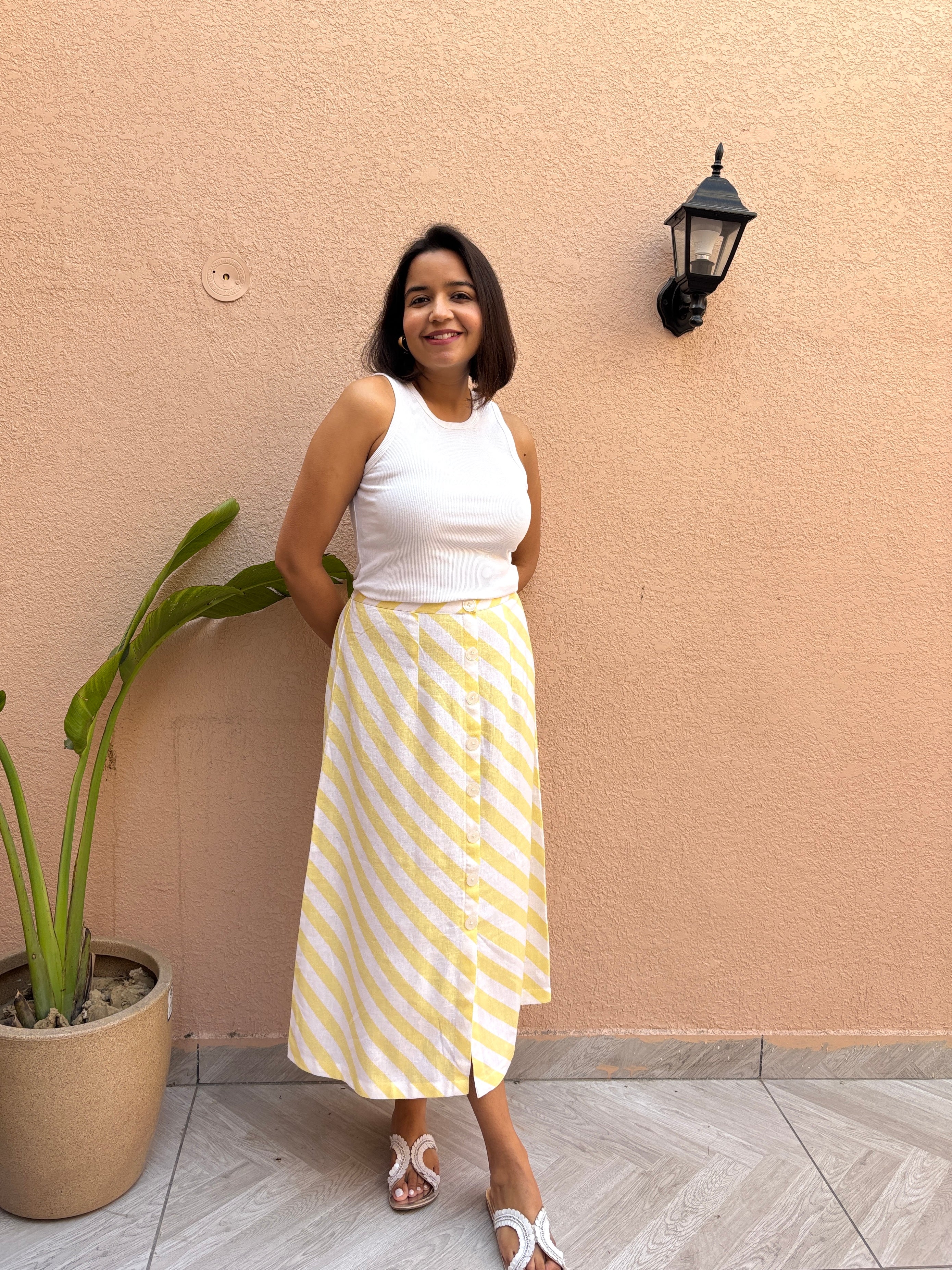 Lemon Stripe Cotton-Linen Midi Skirt