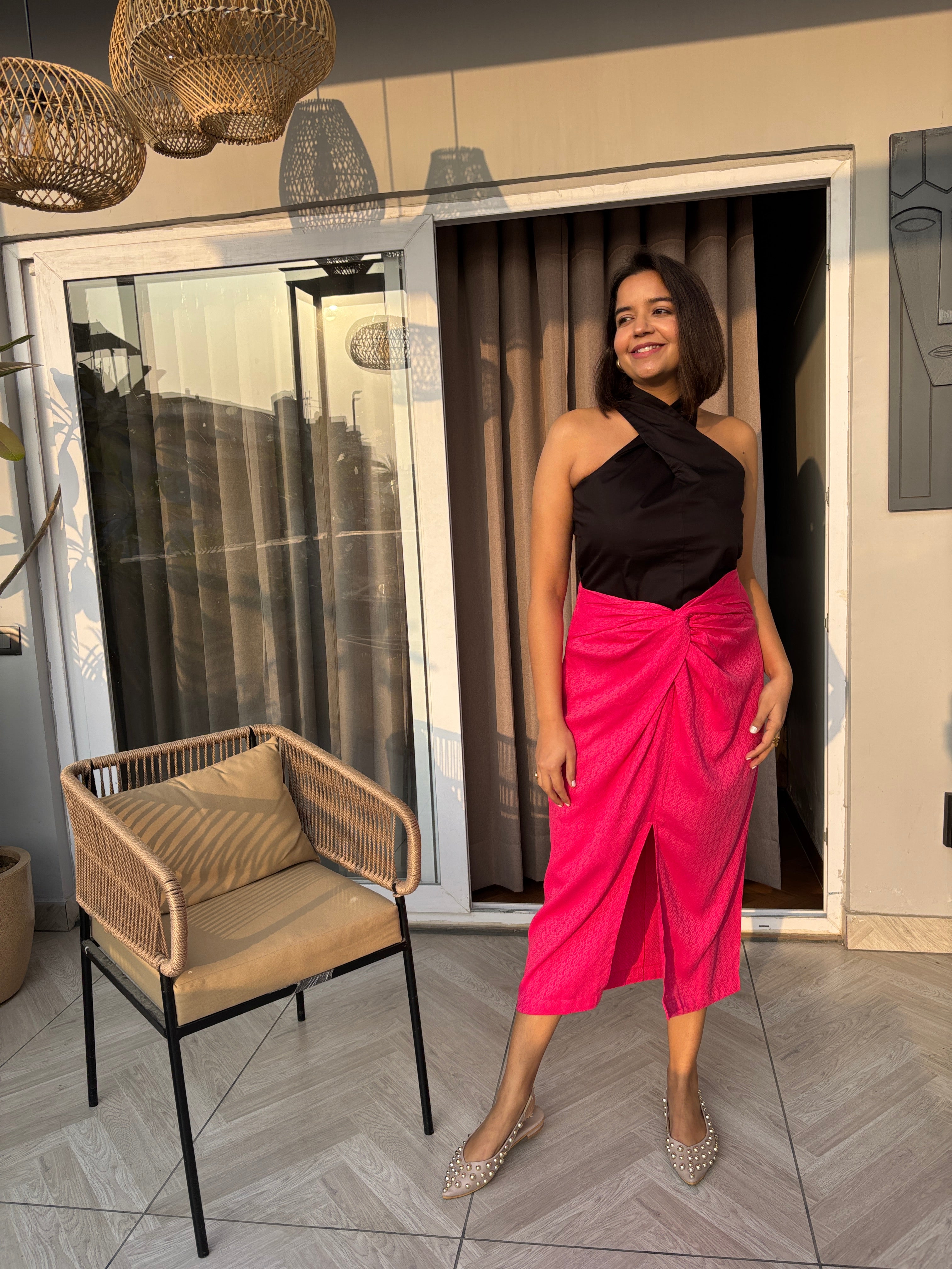 Hot Pink Front Knot Midi Skirt