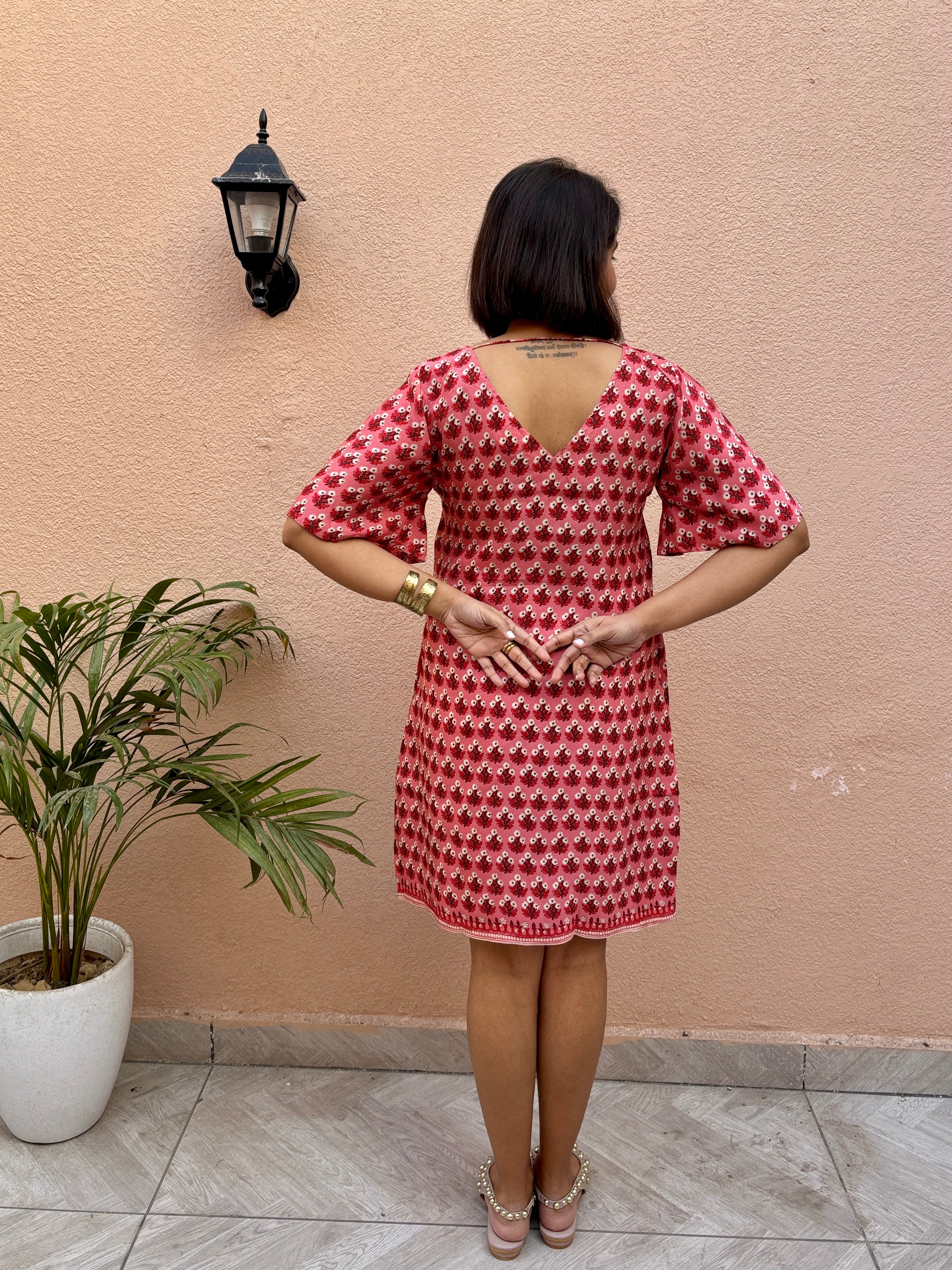 Red Ditsy Floral Shift Dress with Pockets