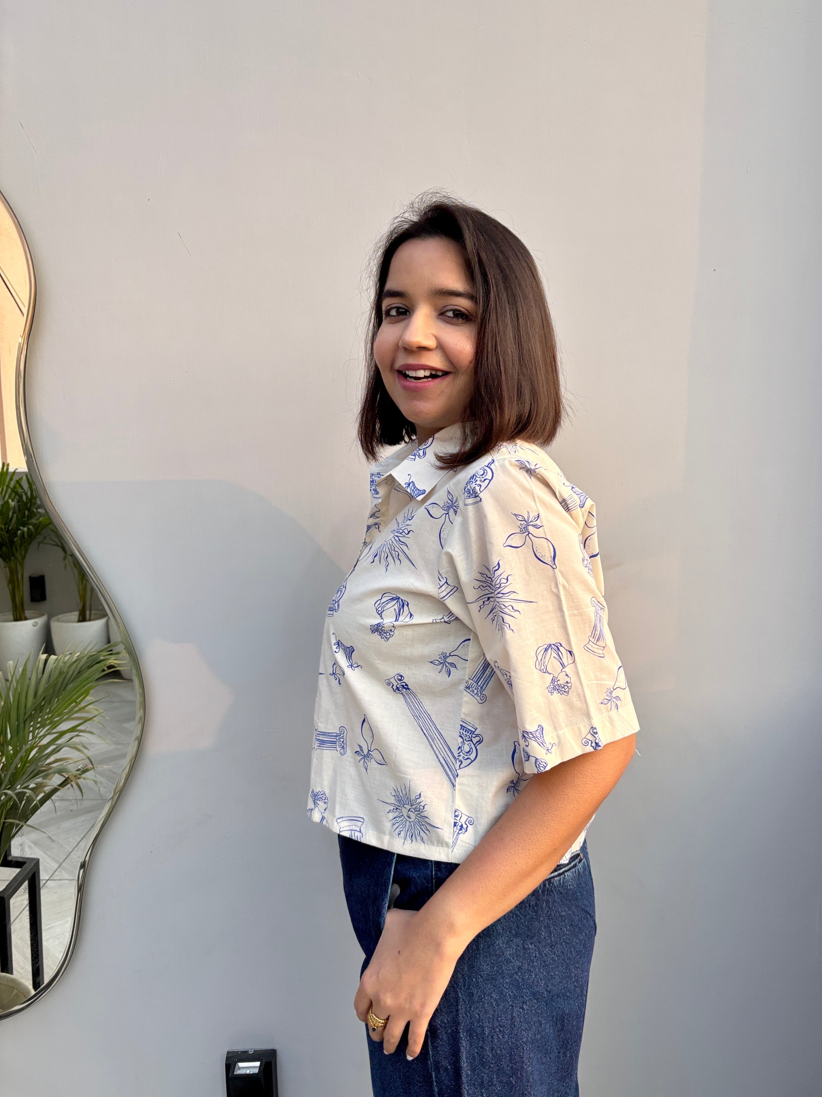 Blue Doodle Print Cotton Crop Shirt