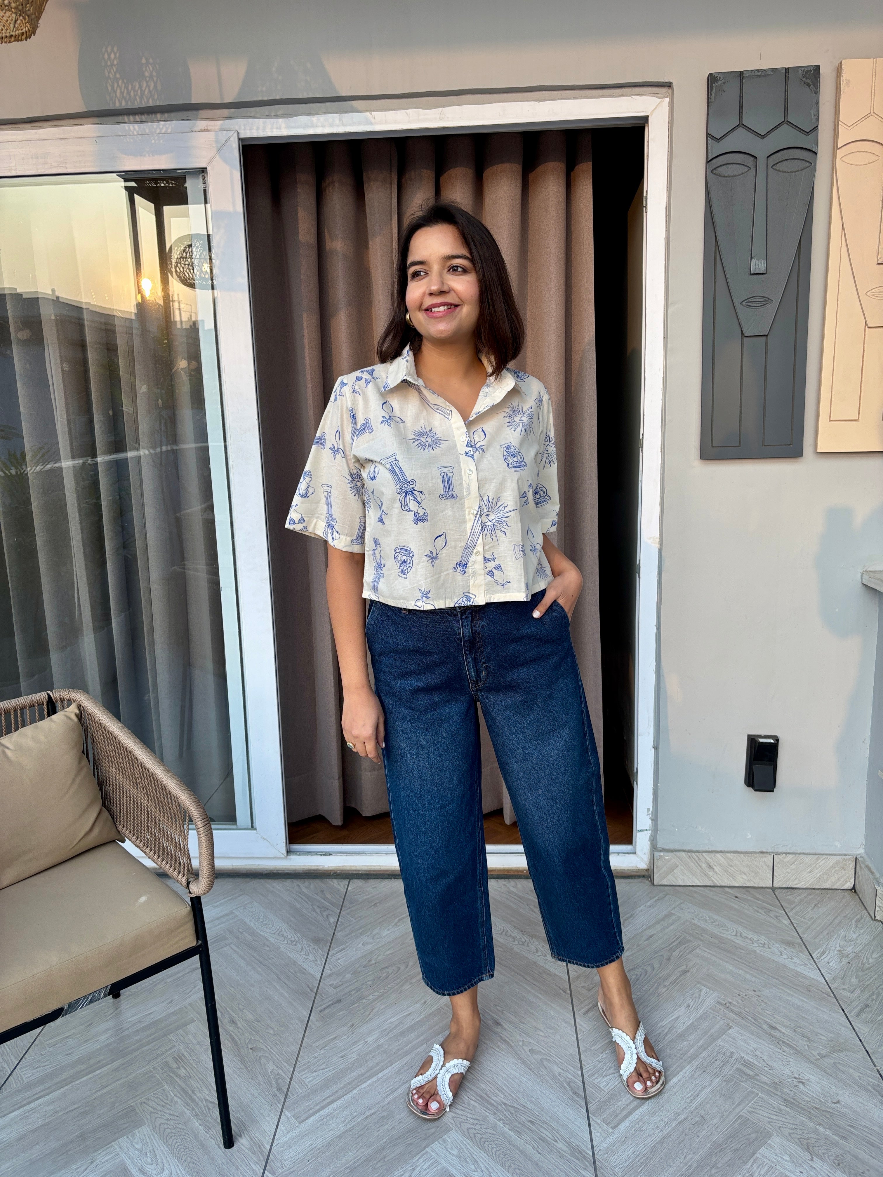 Blue Doodle Print Cotton Crop Shirt