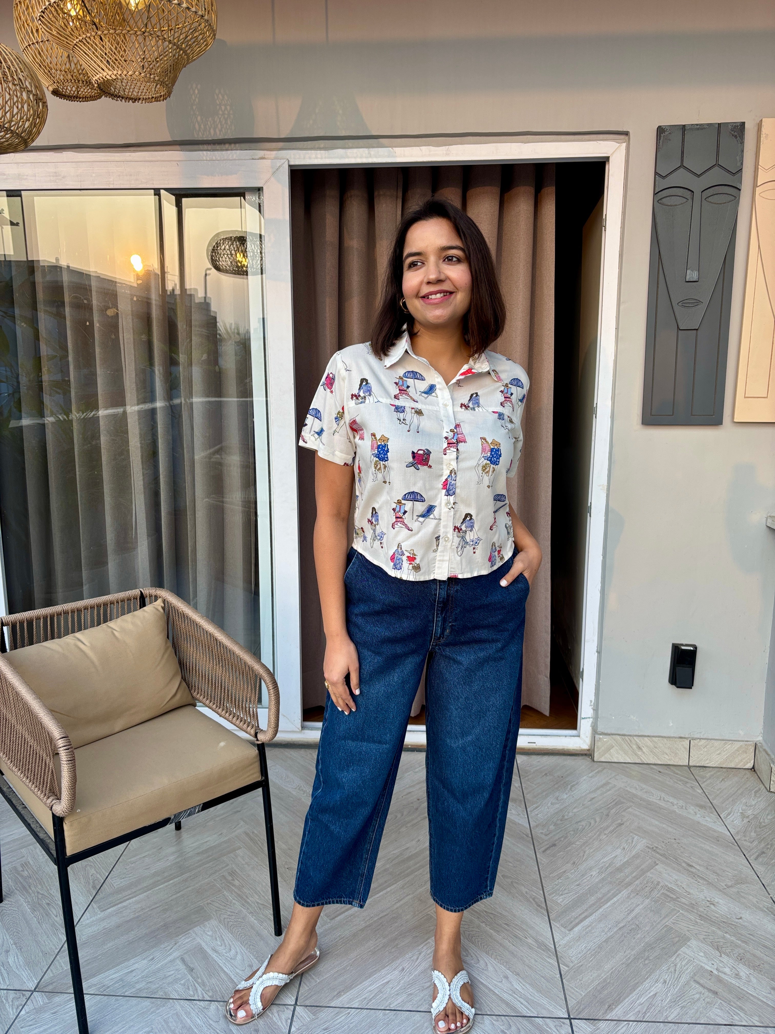 Beach Day Quirky Print Crop Shirt