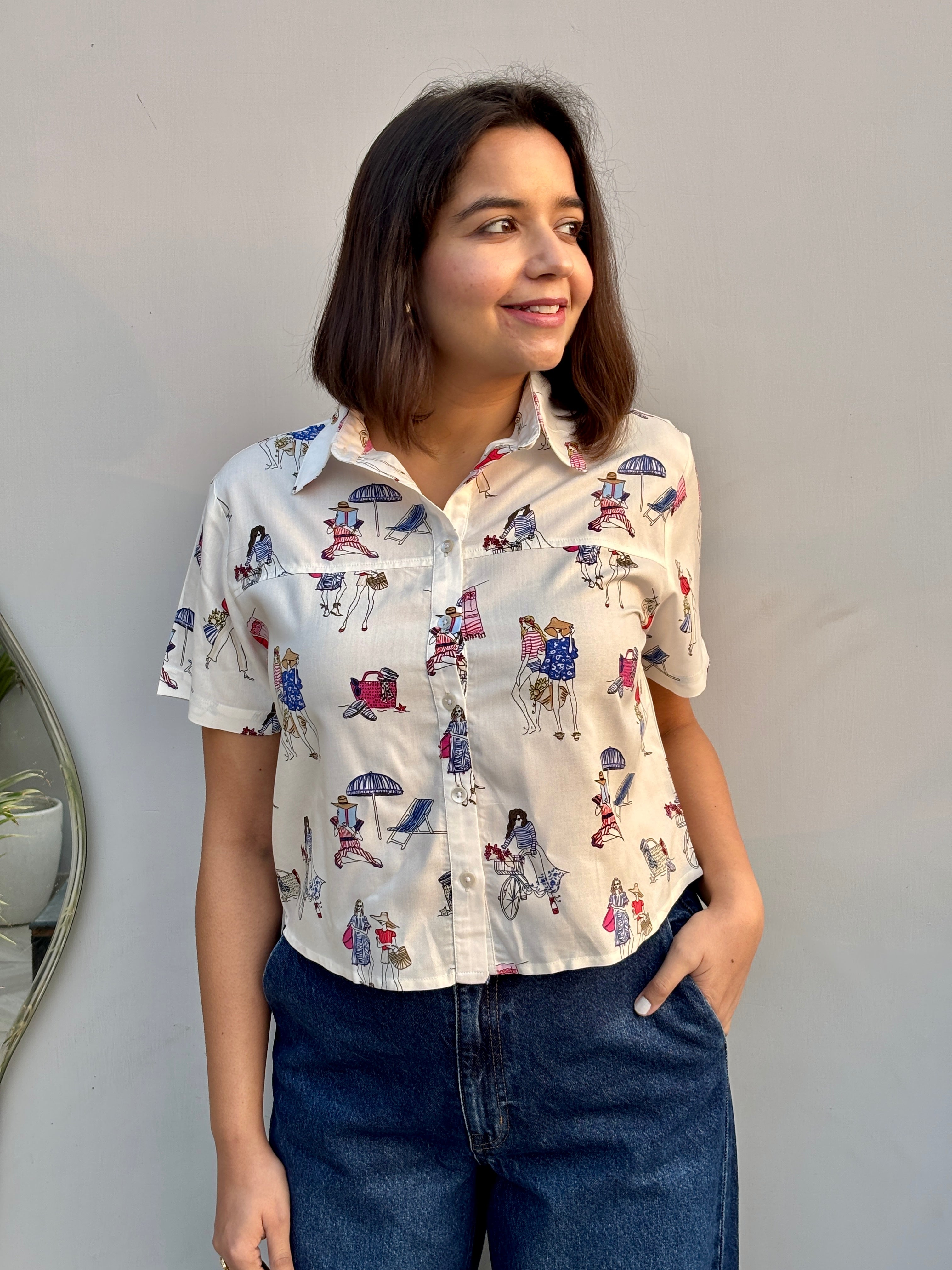 Beach Day Quirky Print Crop Shirt