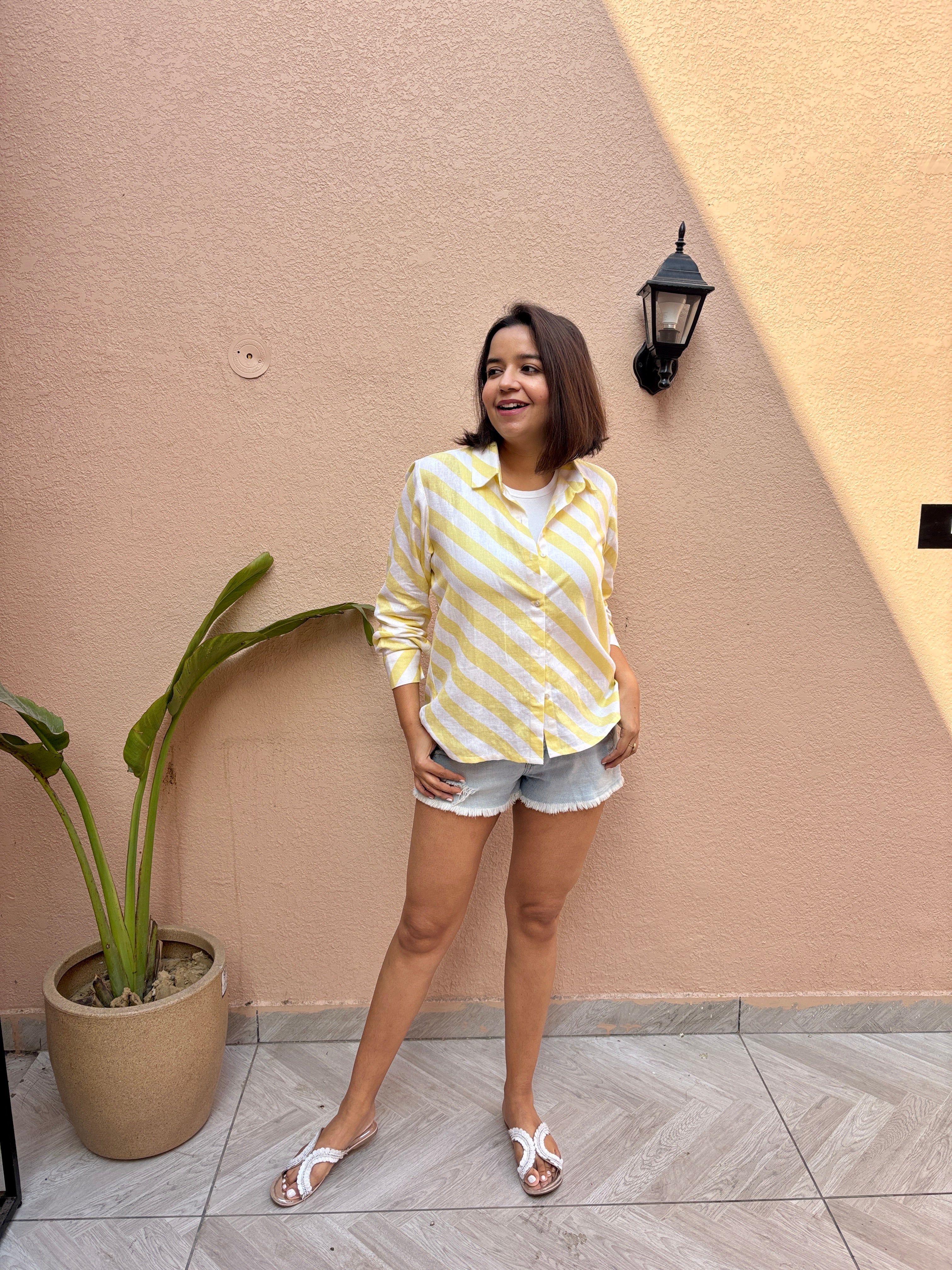 Lemon Stripe Cotton-Linen Oversized Shirt