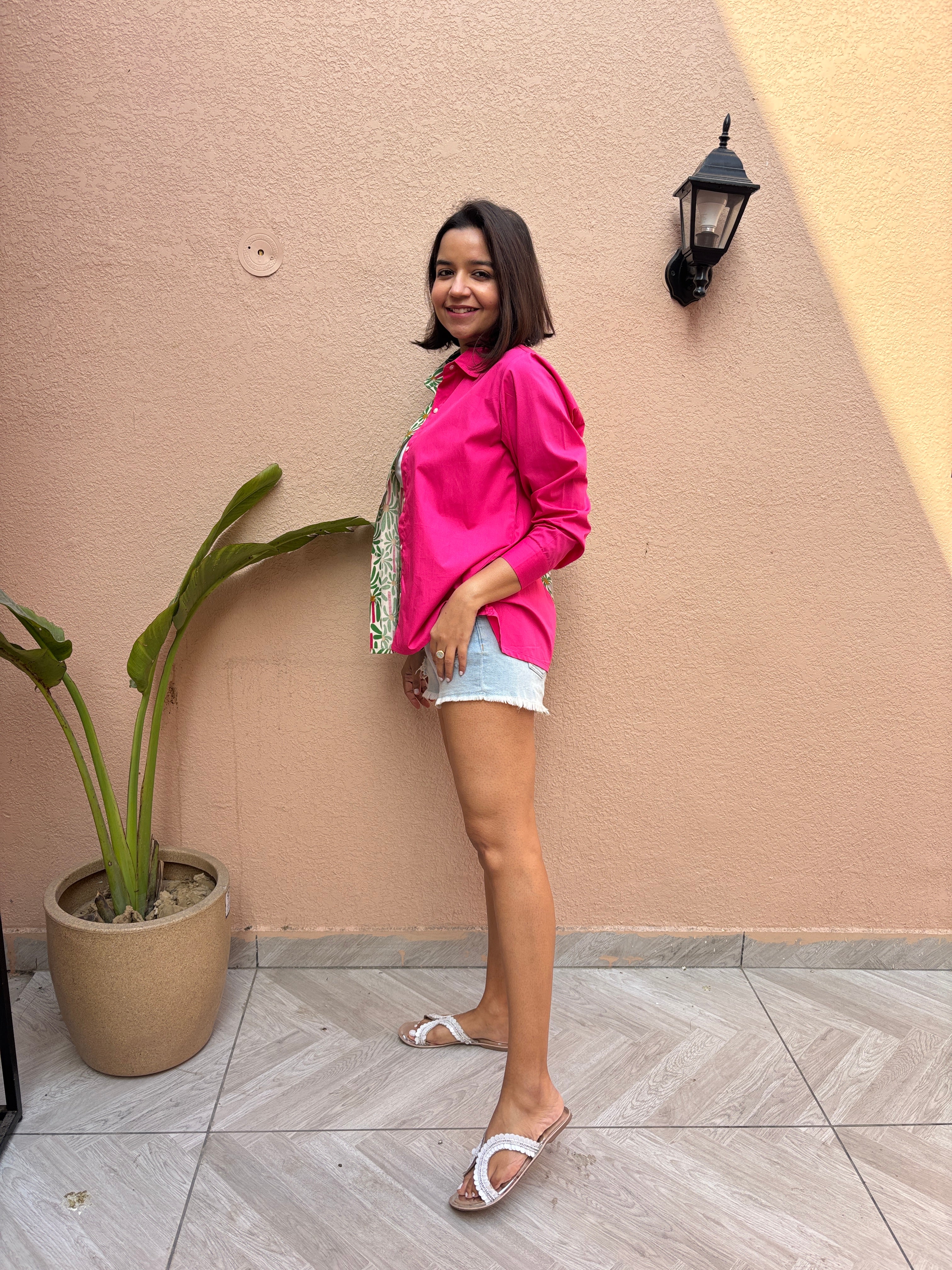 Fuchsia & Green Printed Oversized Cotton Shirt