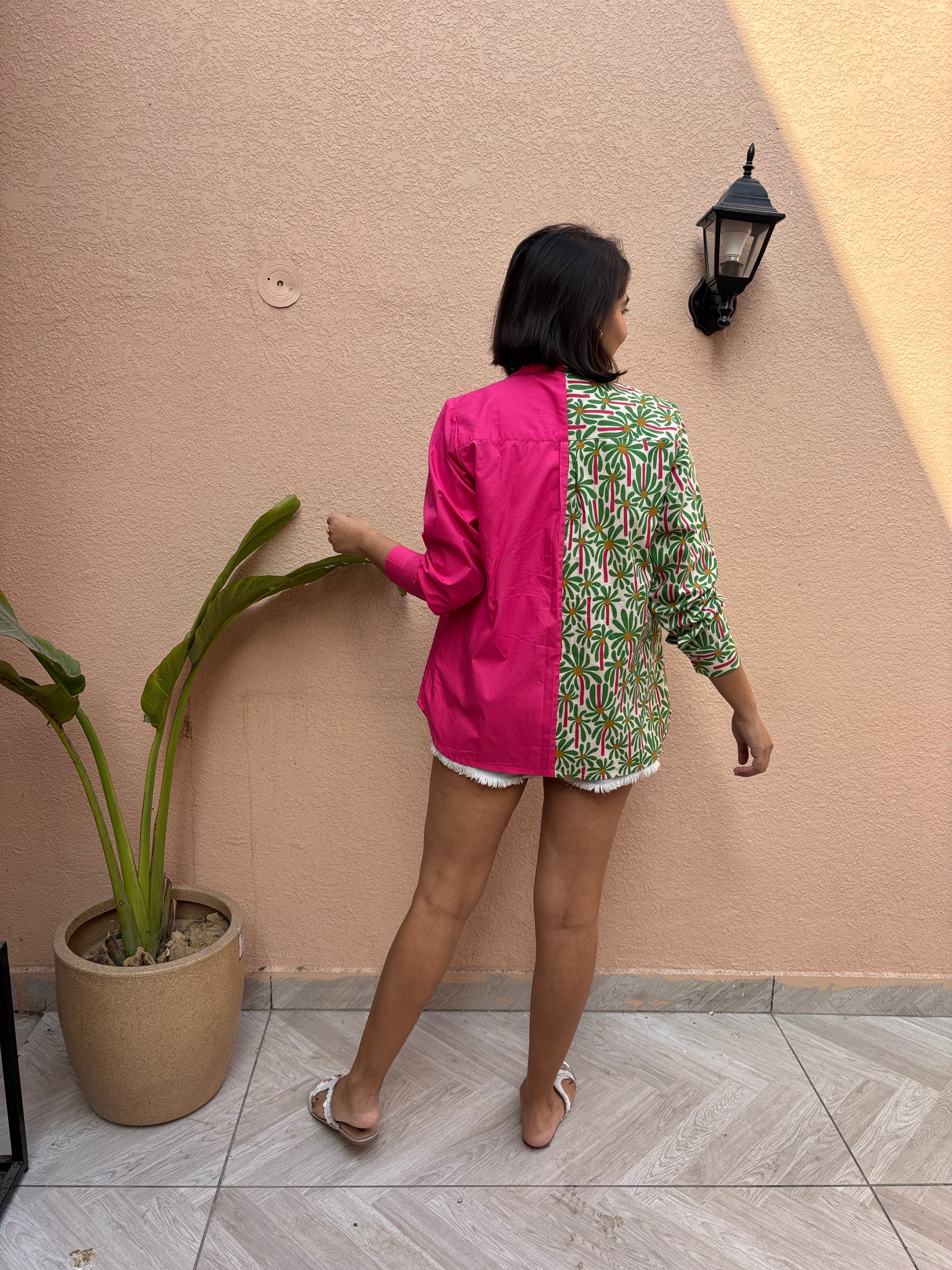 Fuchsia & Green Printed Oversized Cotton Shirt
