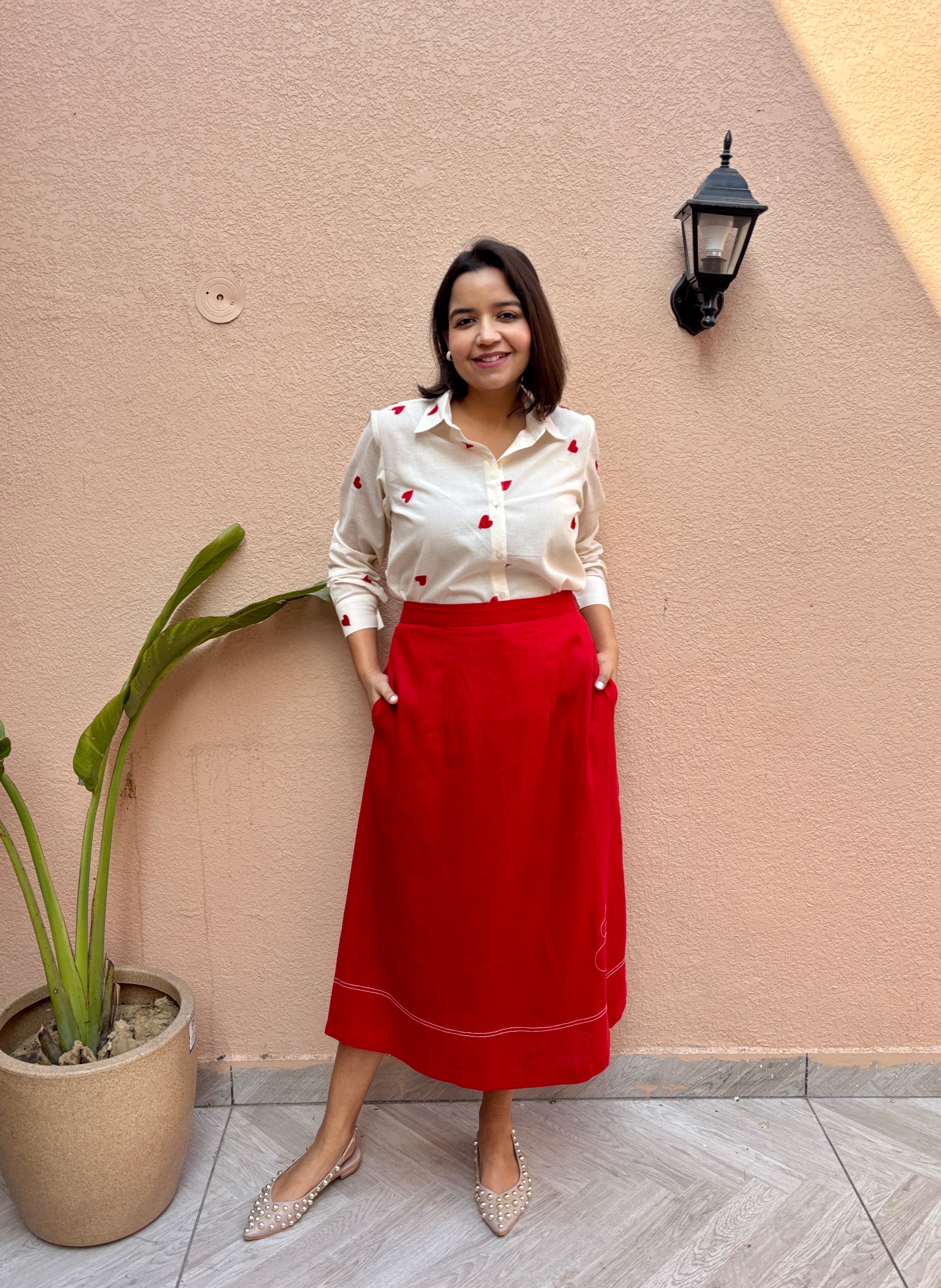 Red Embroidered Cotton-Linen A-Line Skirt