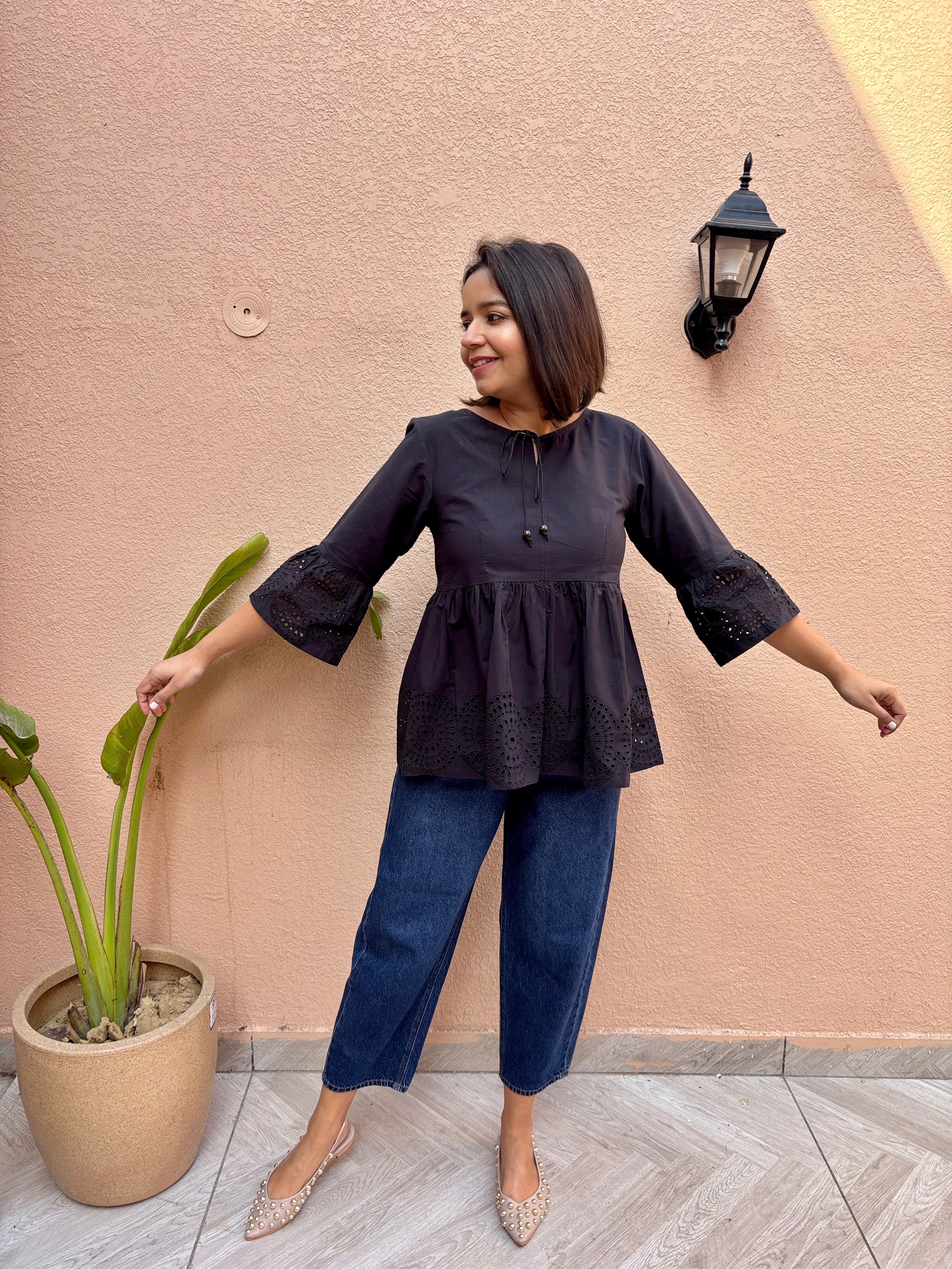 Black Cotton Schiffli Peplum Top