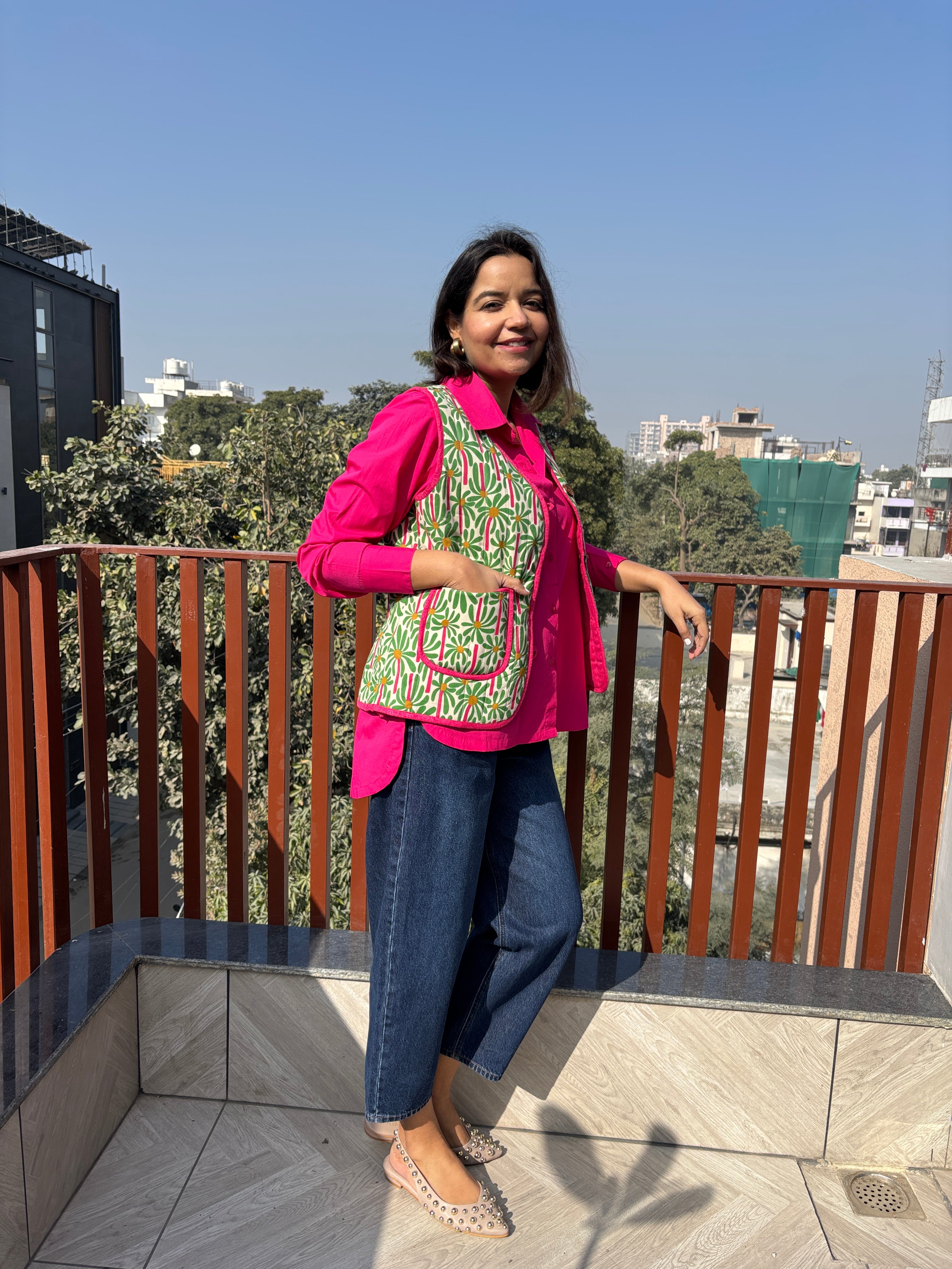 Green Floral Quilted Cotton Jacket with Pockets