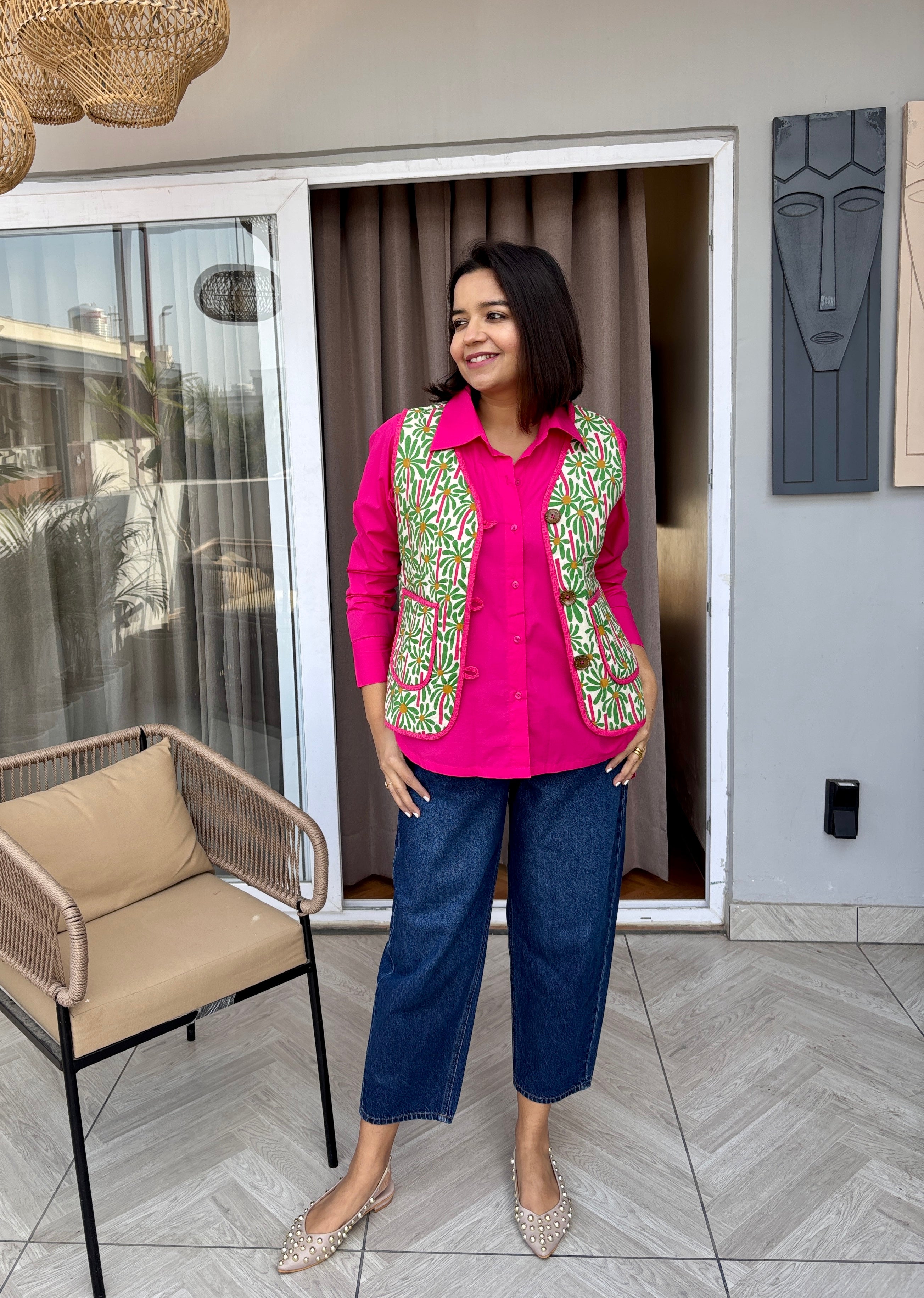 Green Floral Quilted Cotton Jacket with Pockets