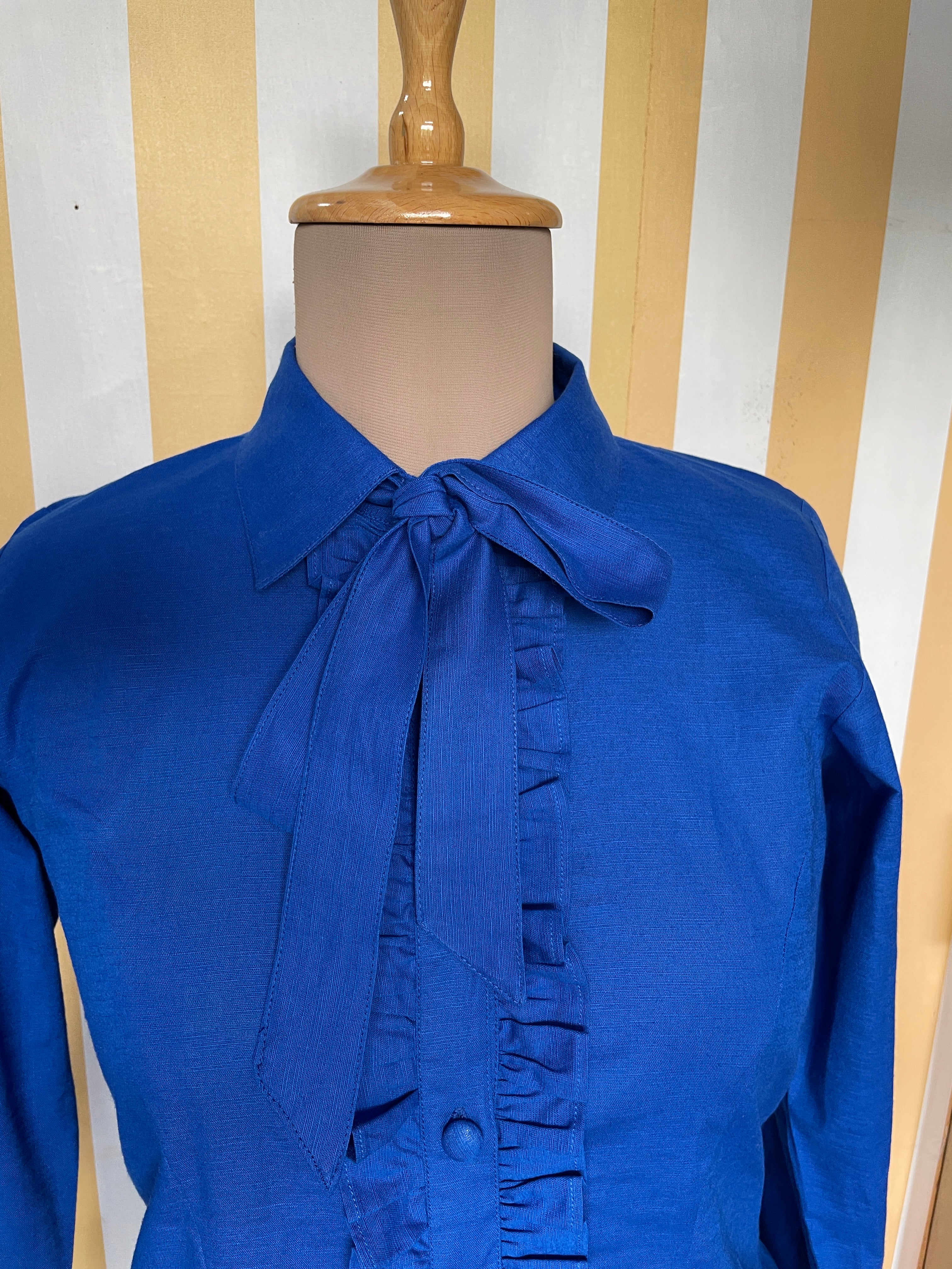 Royal Blue Cotton-Linen A-Line Shirt Dress