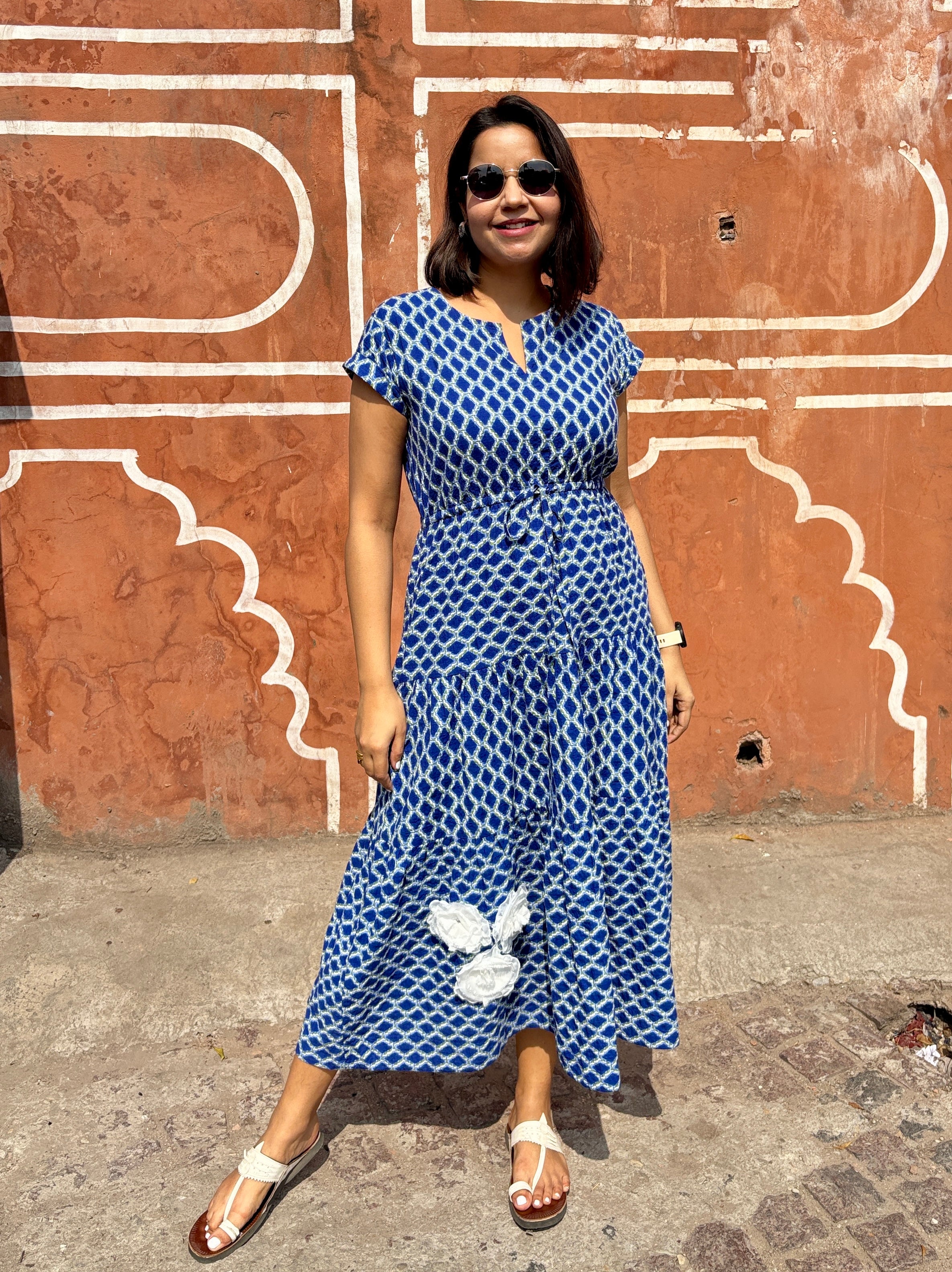 Blue Printed Cotton Tier Appliqué Dress