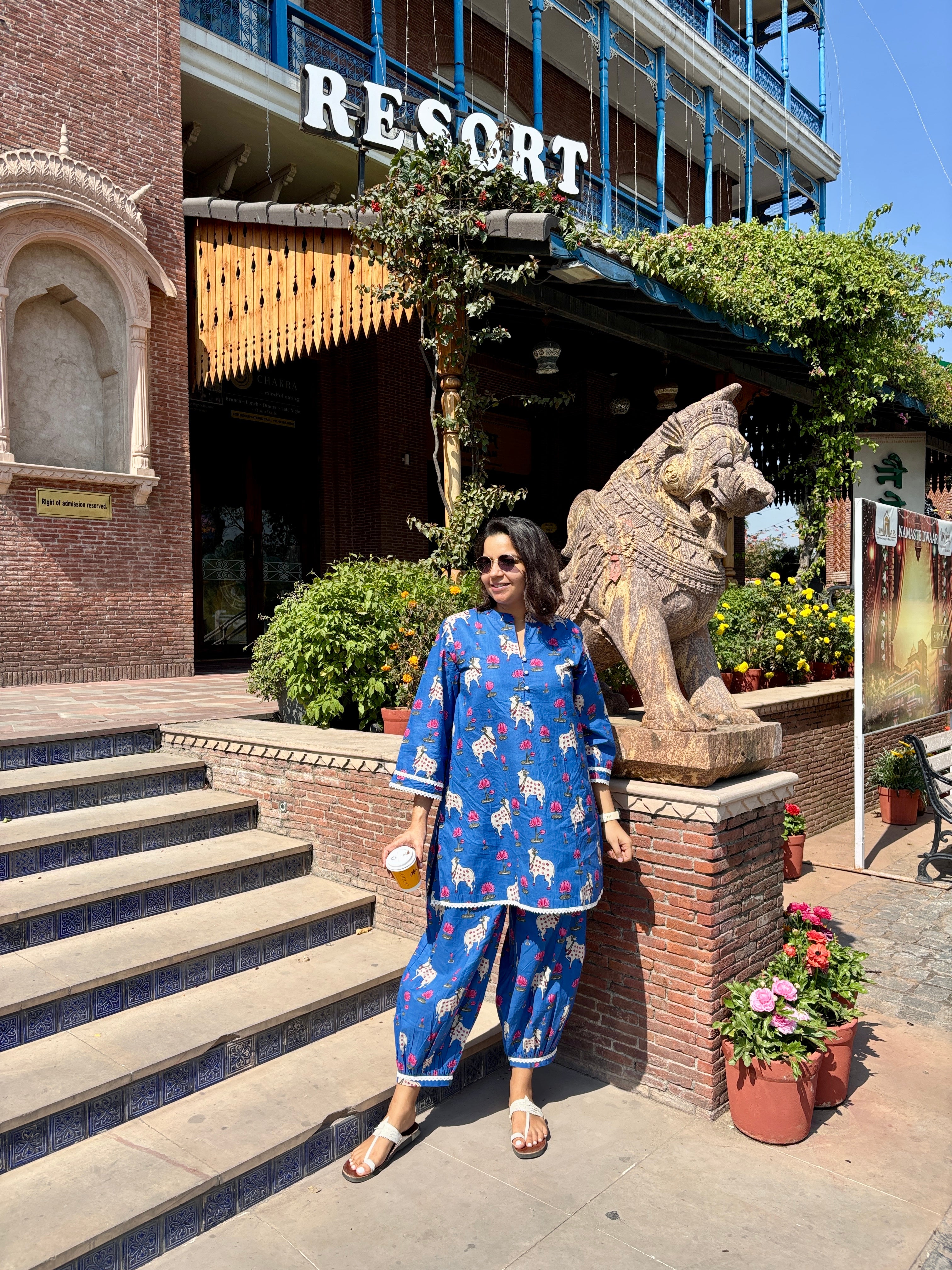 Blue Printed Pure Cotton Kurta Set