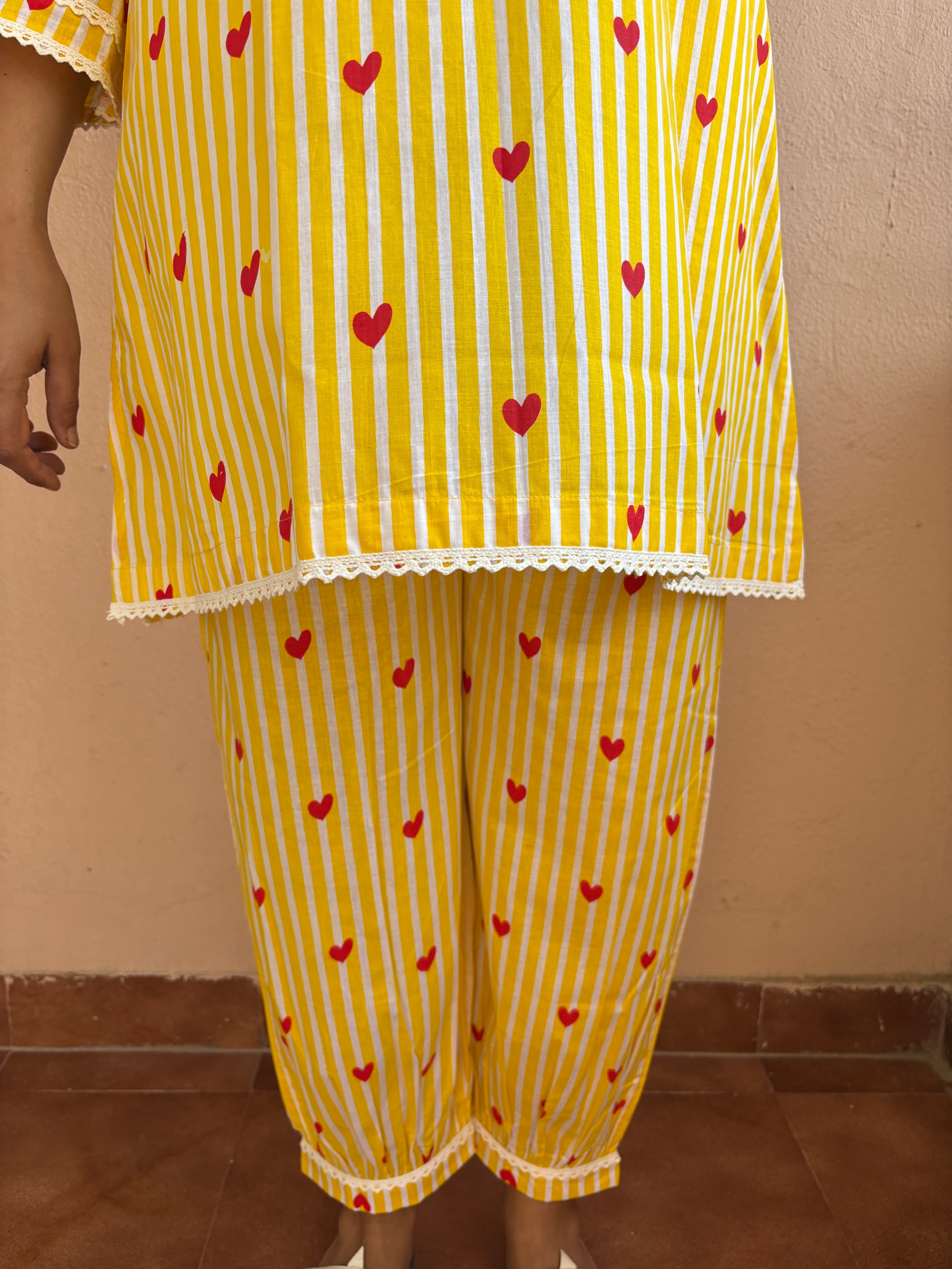 Yellow Striped Heart Printed Pure Cotton Kurta Set