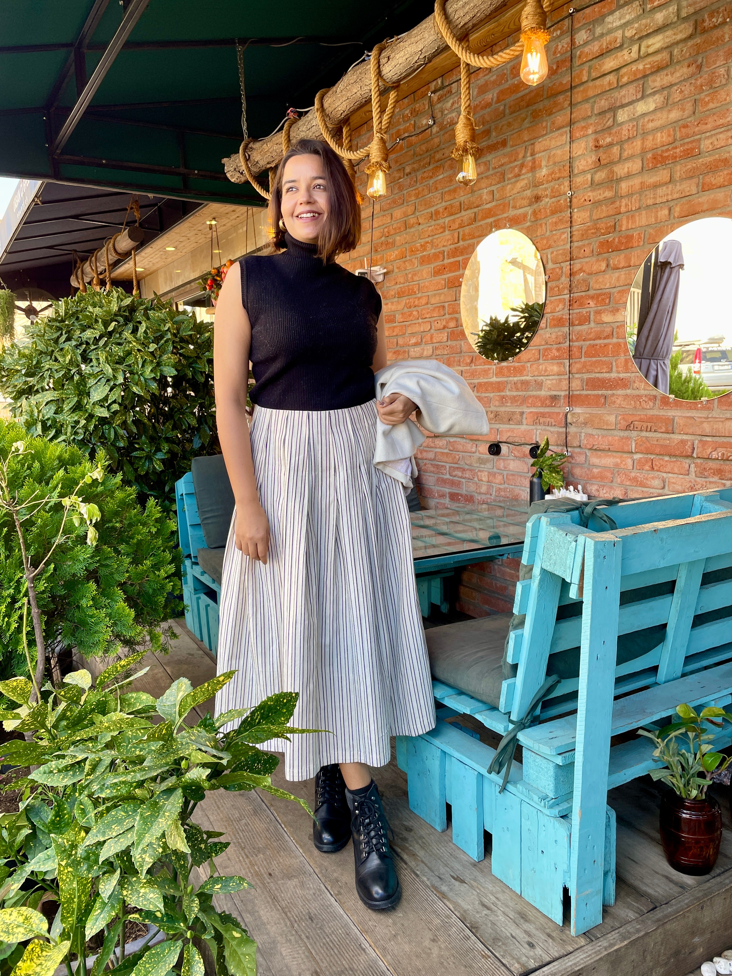 Striped Cotton Pintuck Midi Skirt