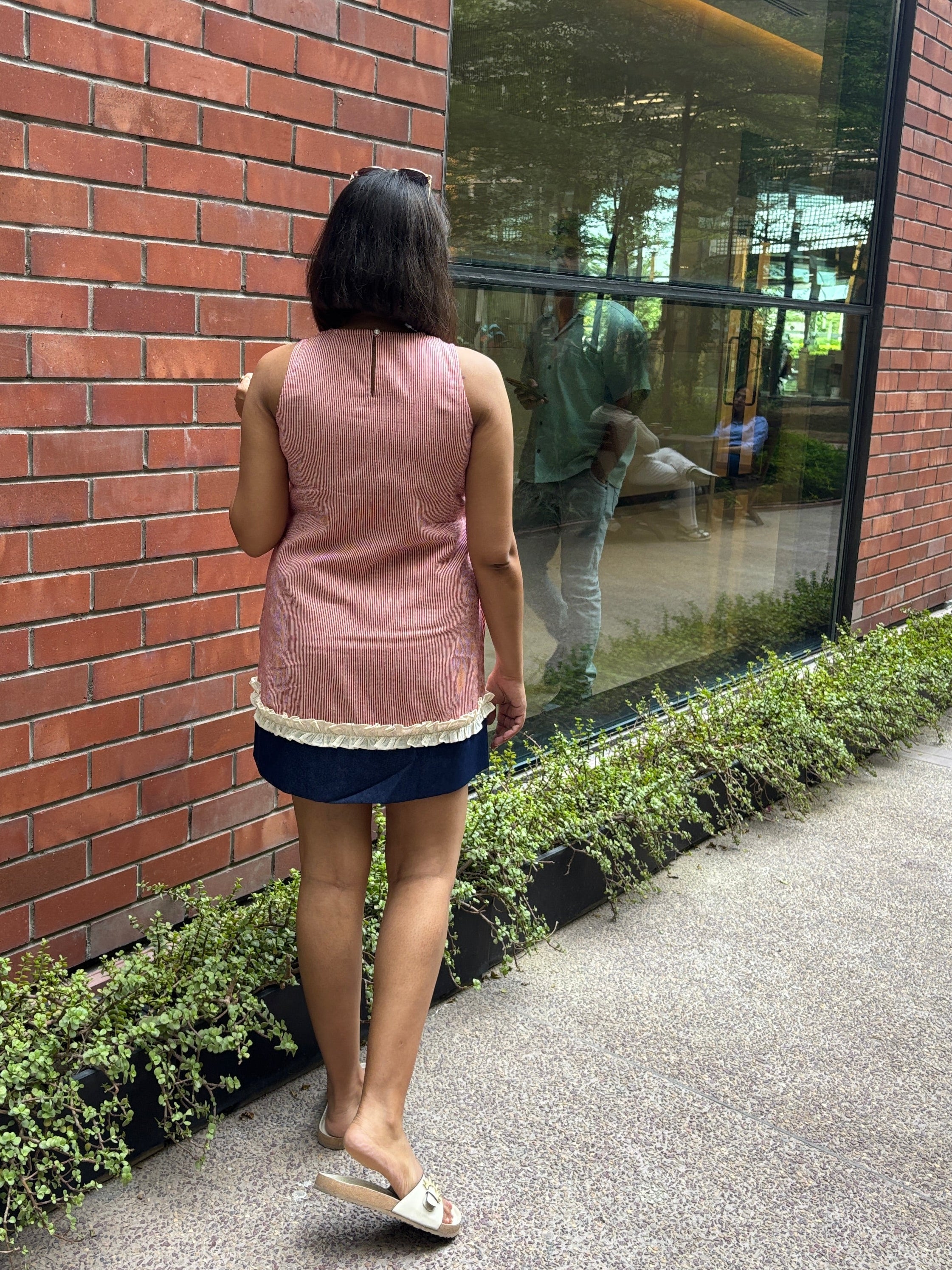 Rosy Stripe Cotton Frill Pocket Mini Dress