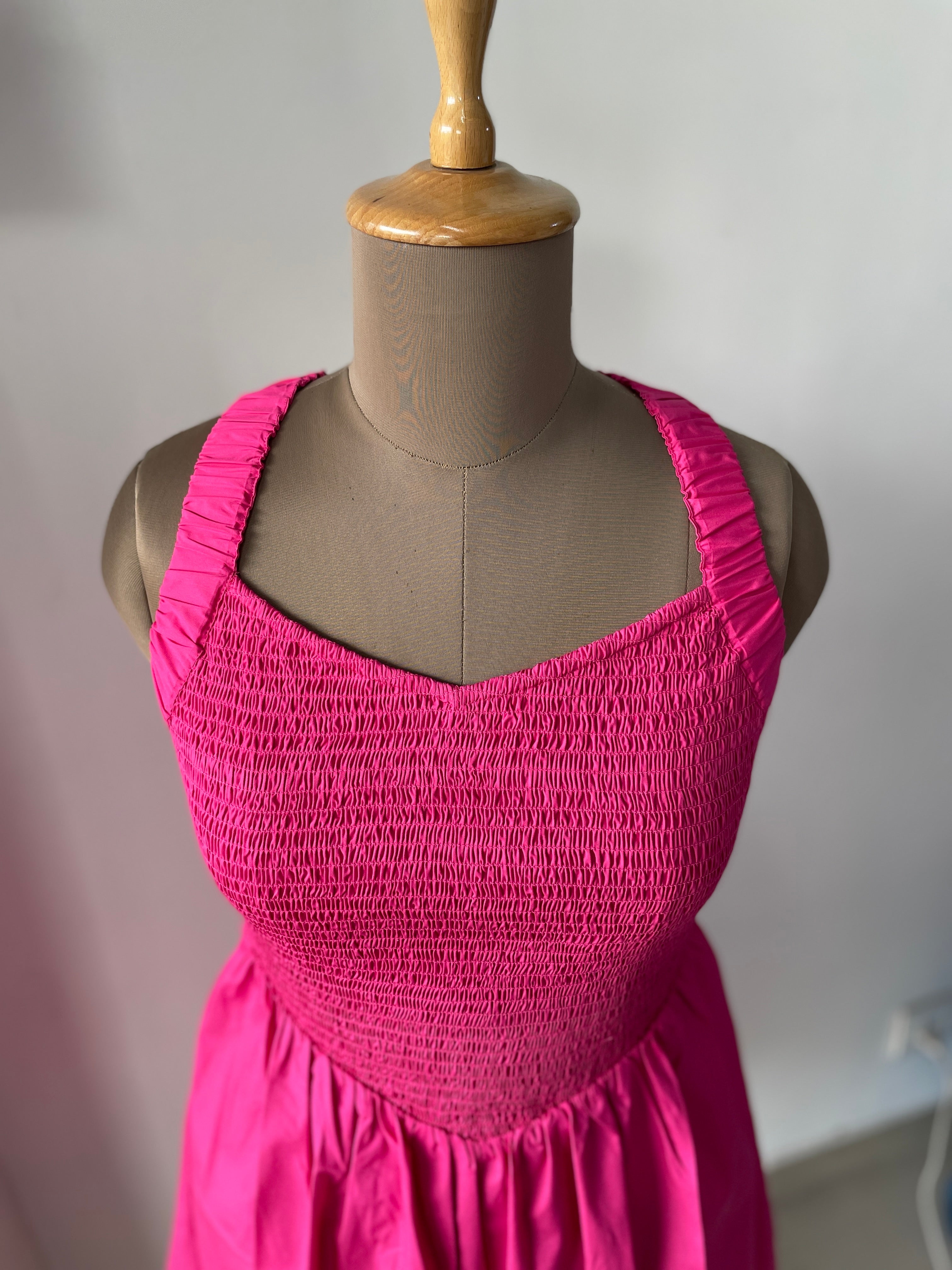 Pink Smocked Cotton Mini Dress with Pockets