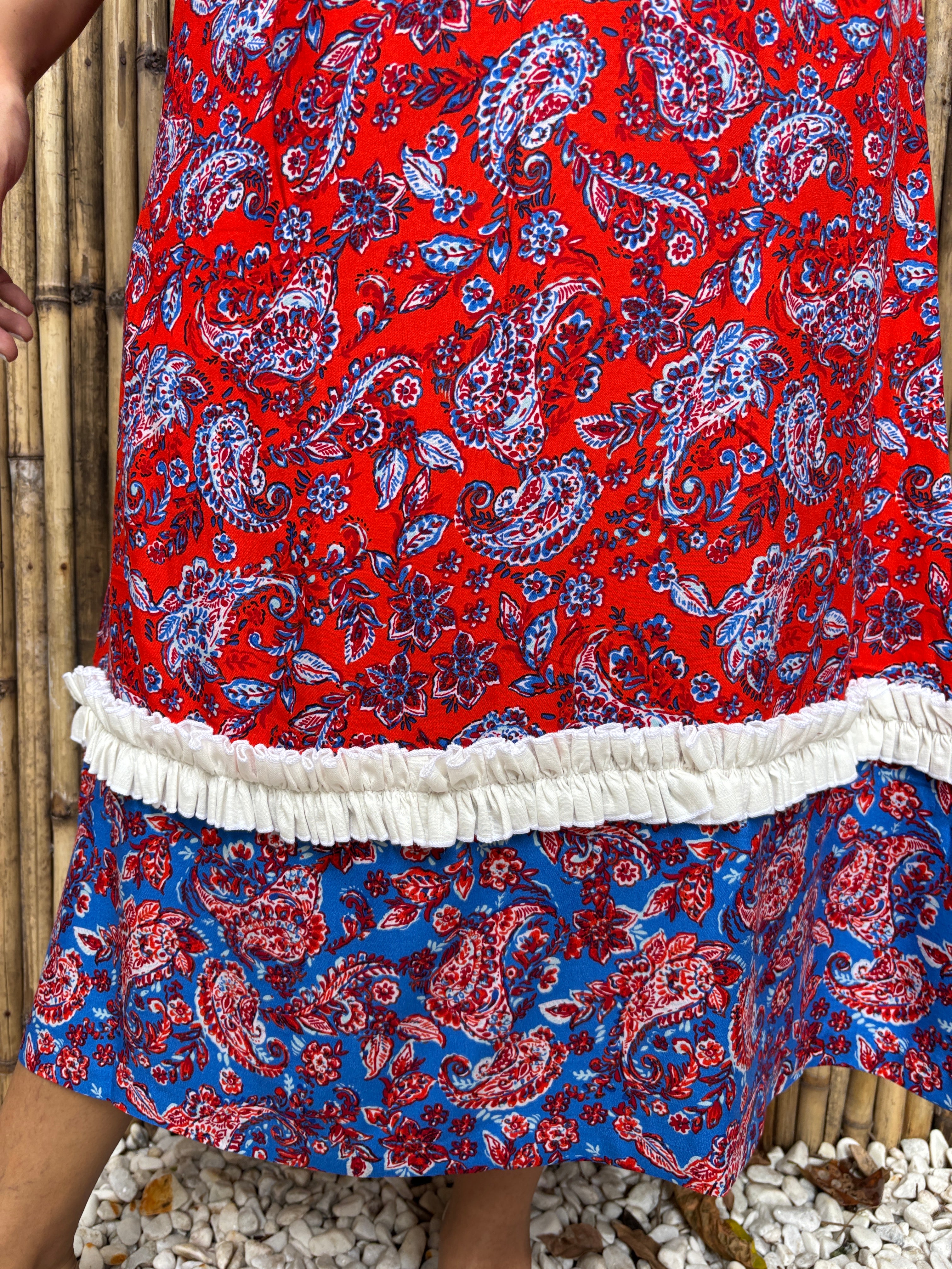 Red & Blue Paisley Frill Midi Skirt