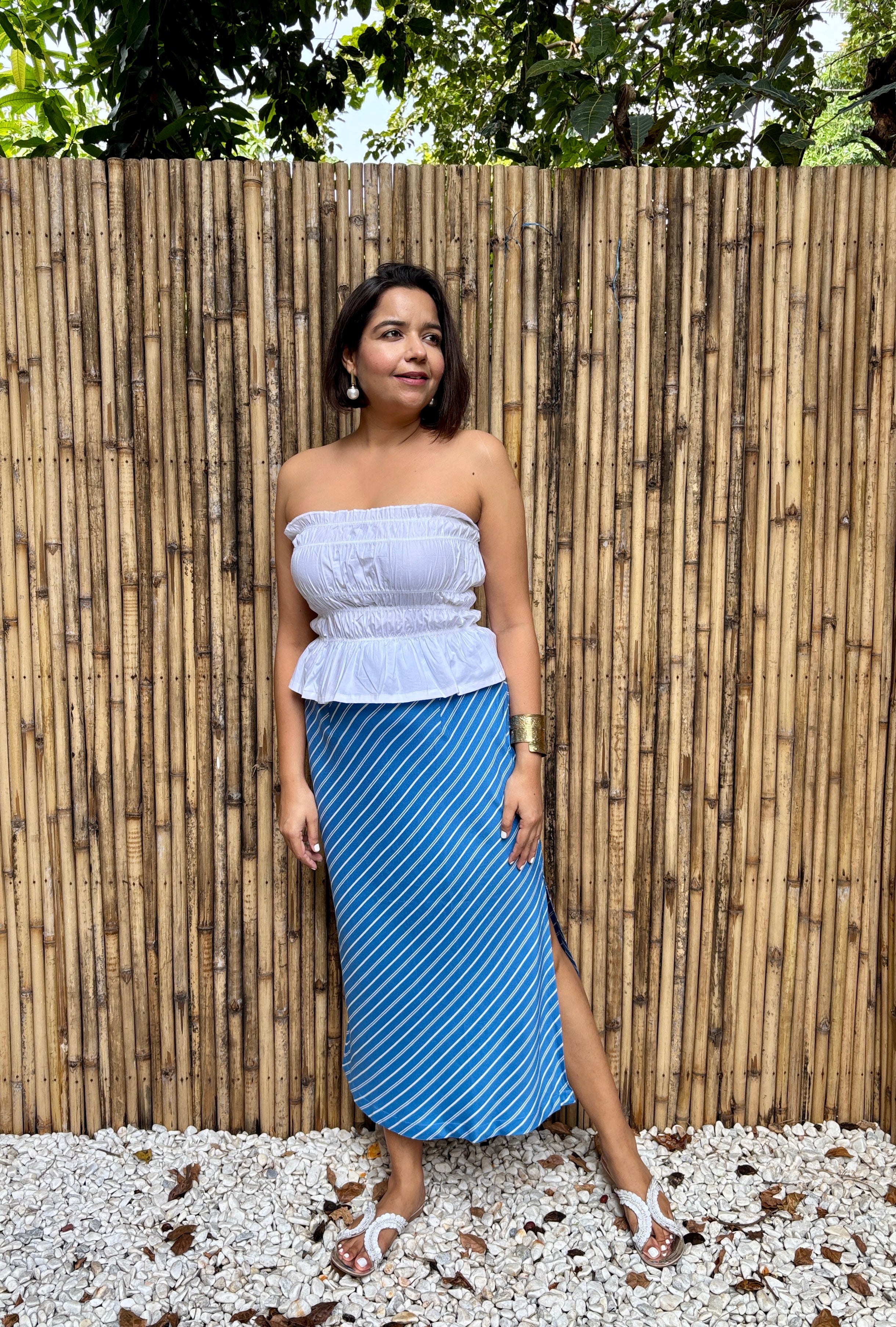 Blue Diagonal Stripe Midi Skirt