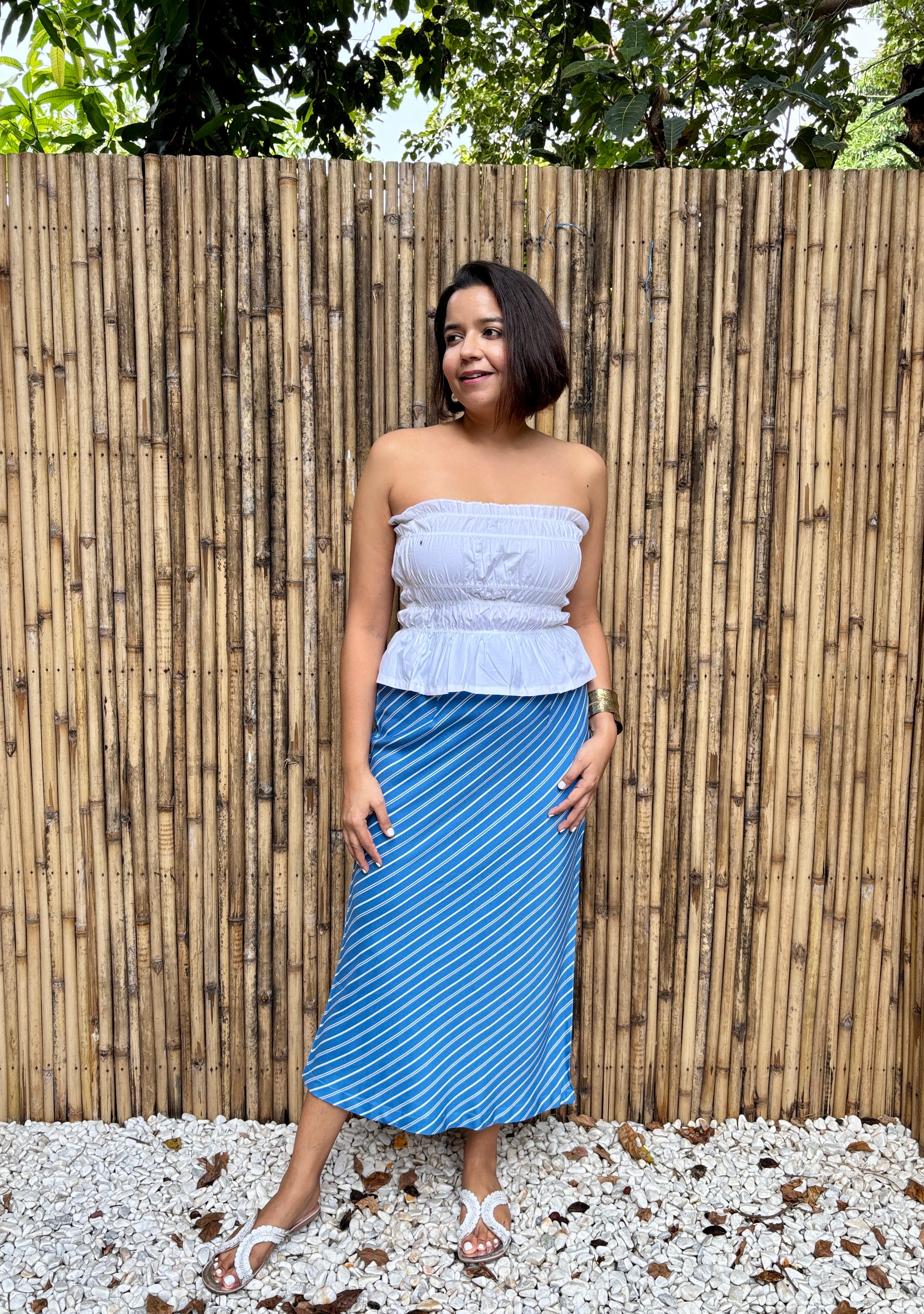 Blue Diagonal Stripe Midi Skirt
