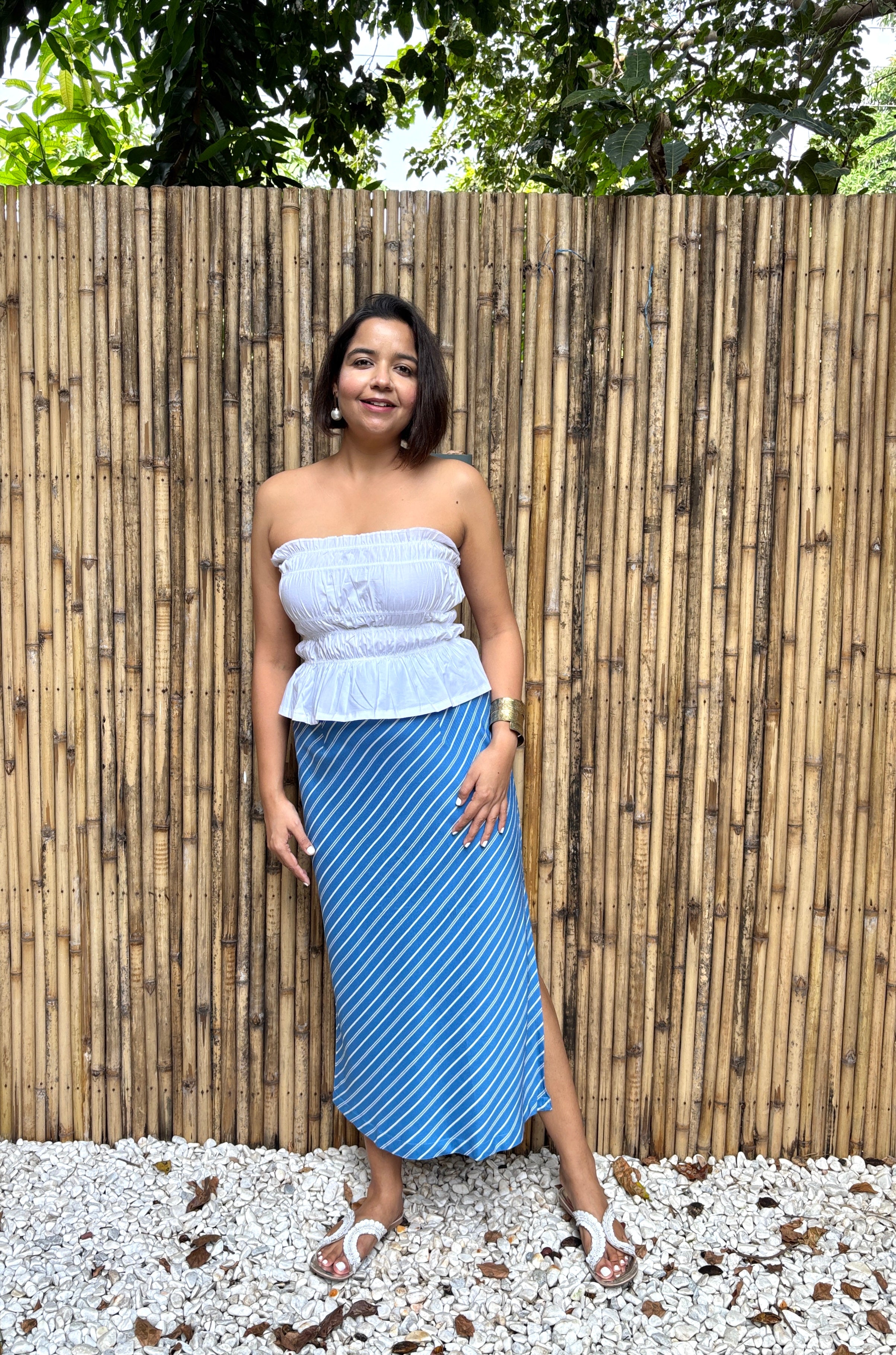Blue Diagonal Stripe Midi Skirt
