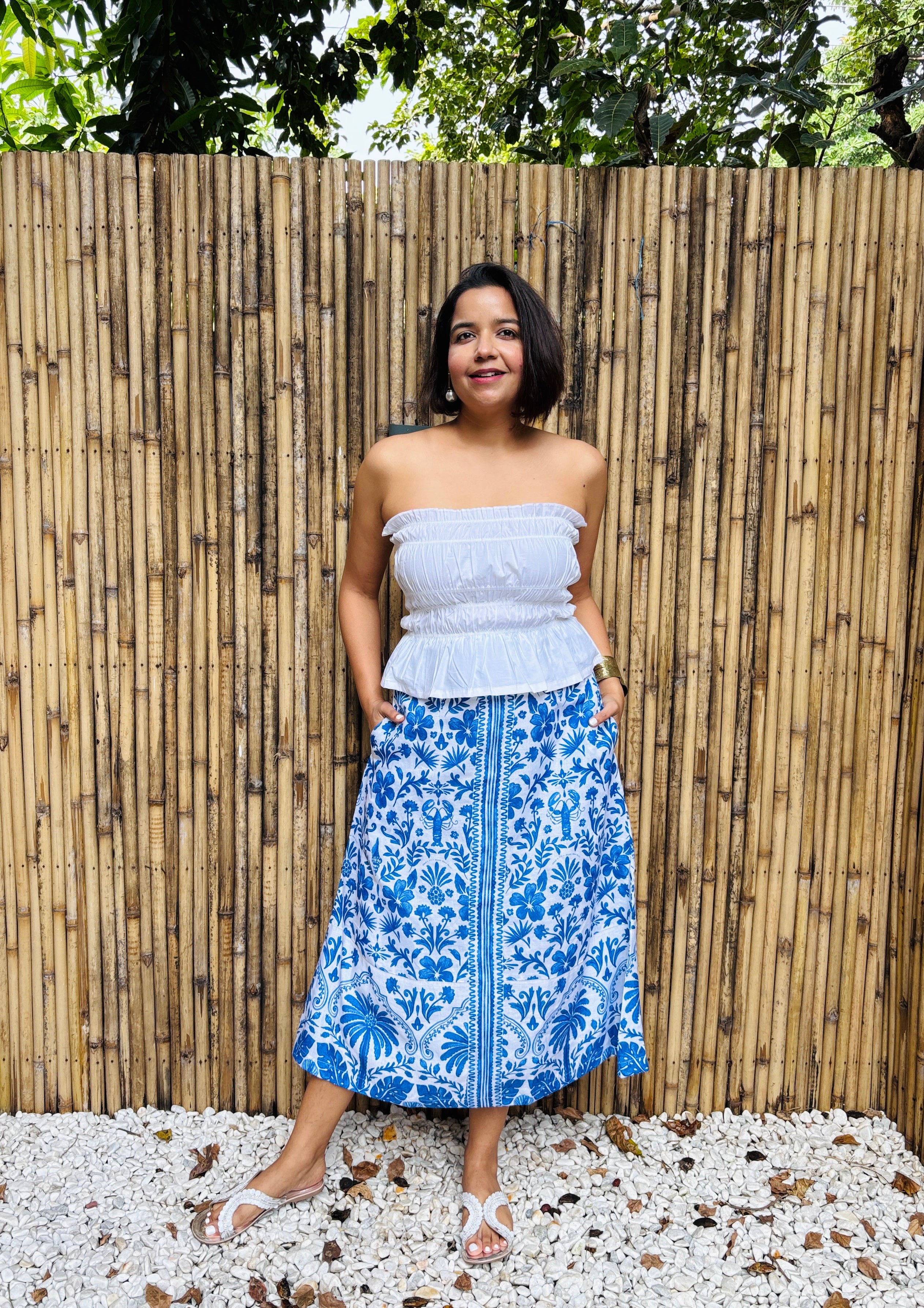 Blue Tile Print Cotton Linen Midi Skirt with Pockets