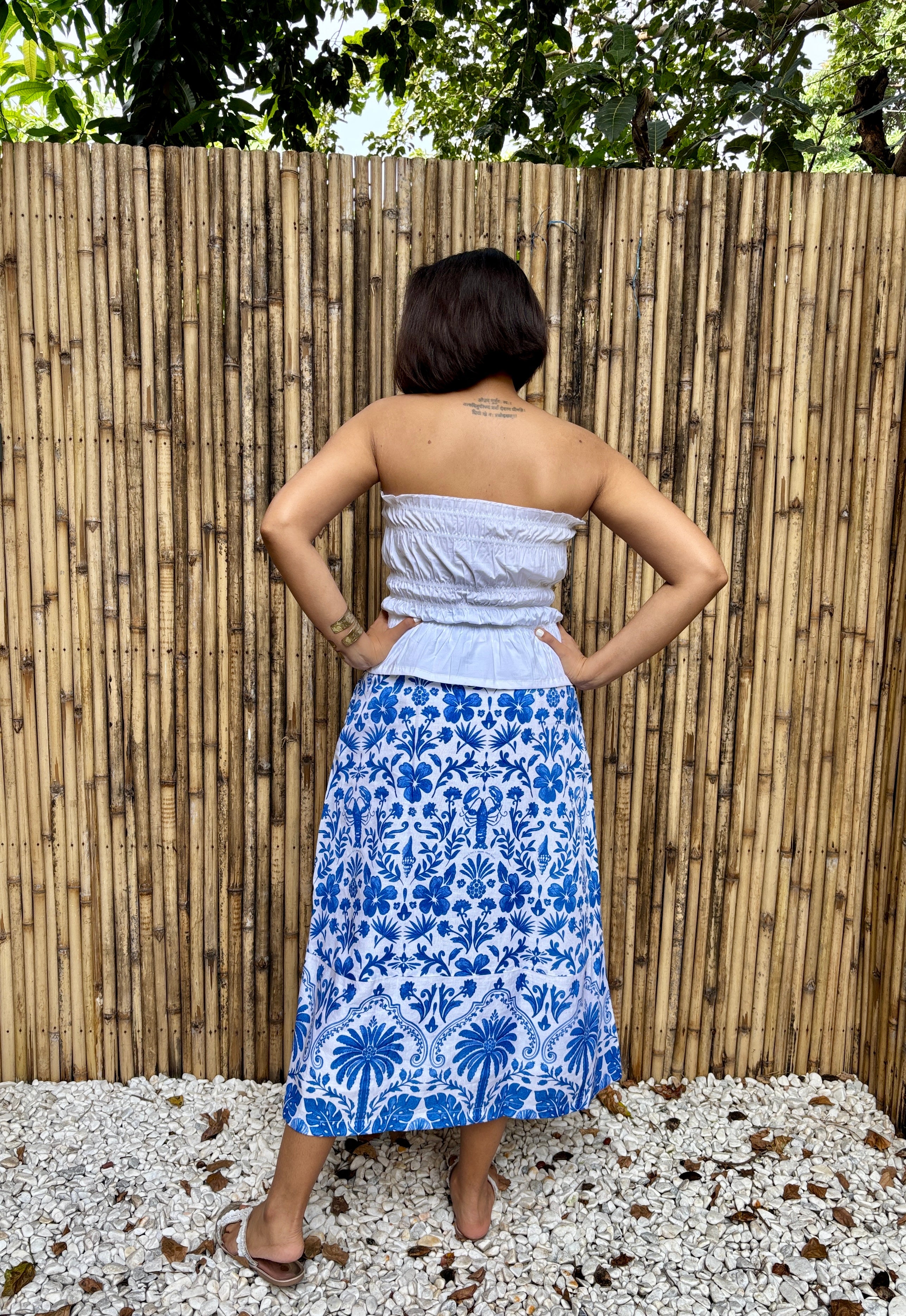 Blue Tile Print Cotton Linen Midi Skirt with Pockets