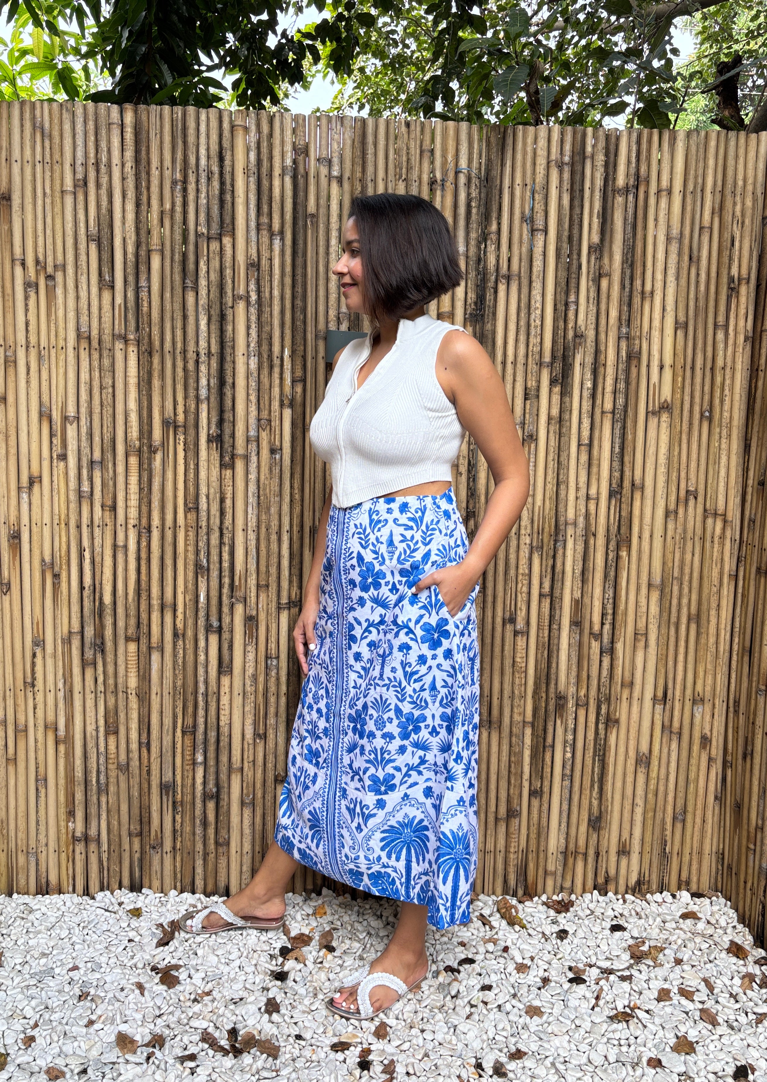 Blue Tile Print Cotton Linen Midi Skirt with Pockets