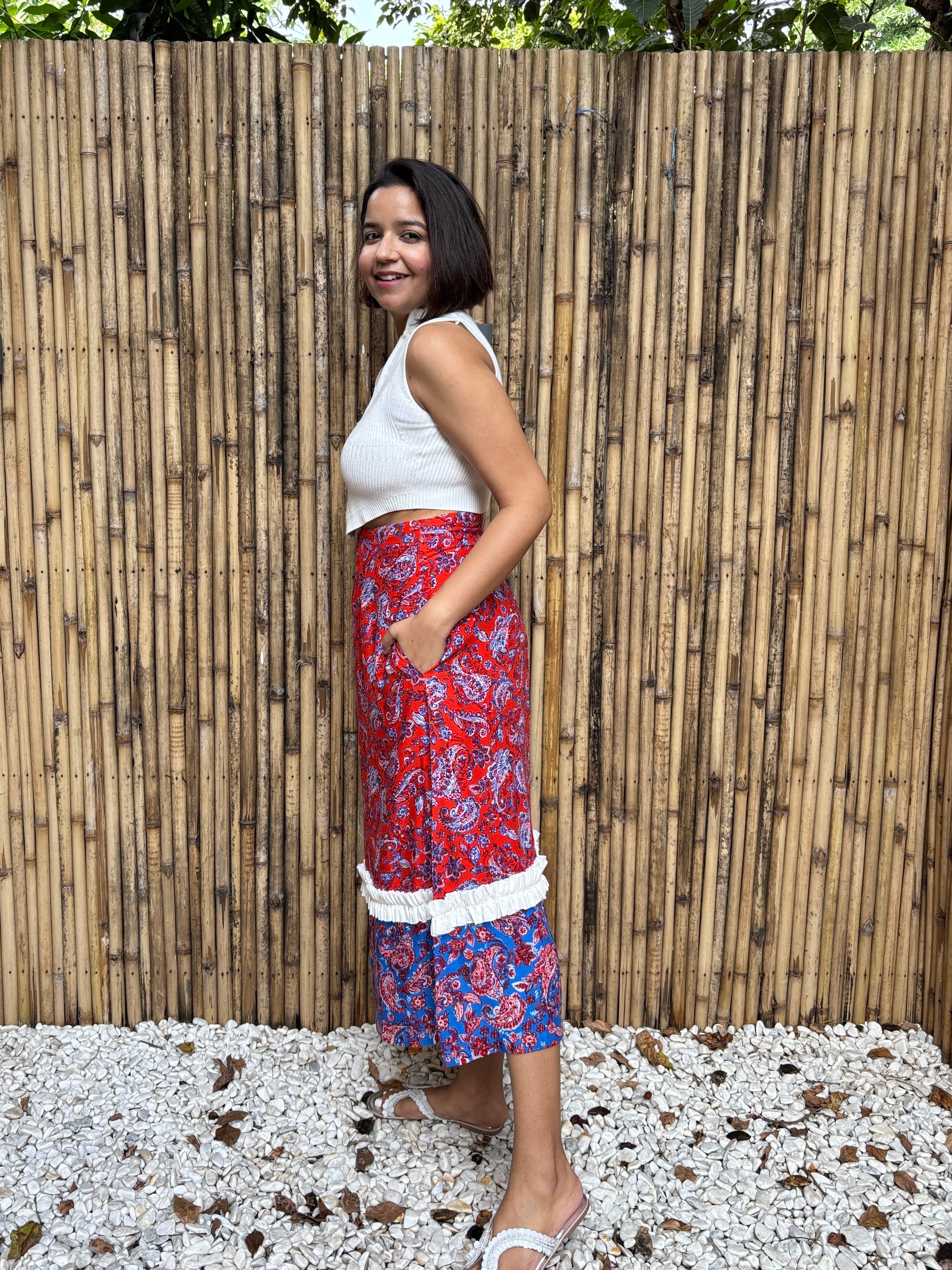 Red & Blue Paisley Frill Midi Skirt