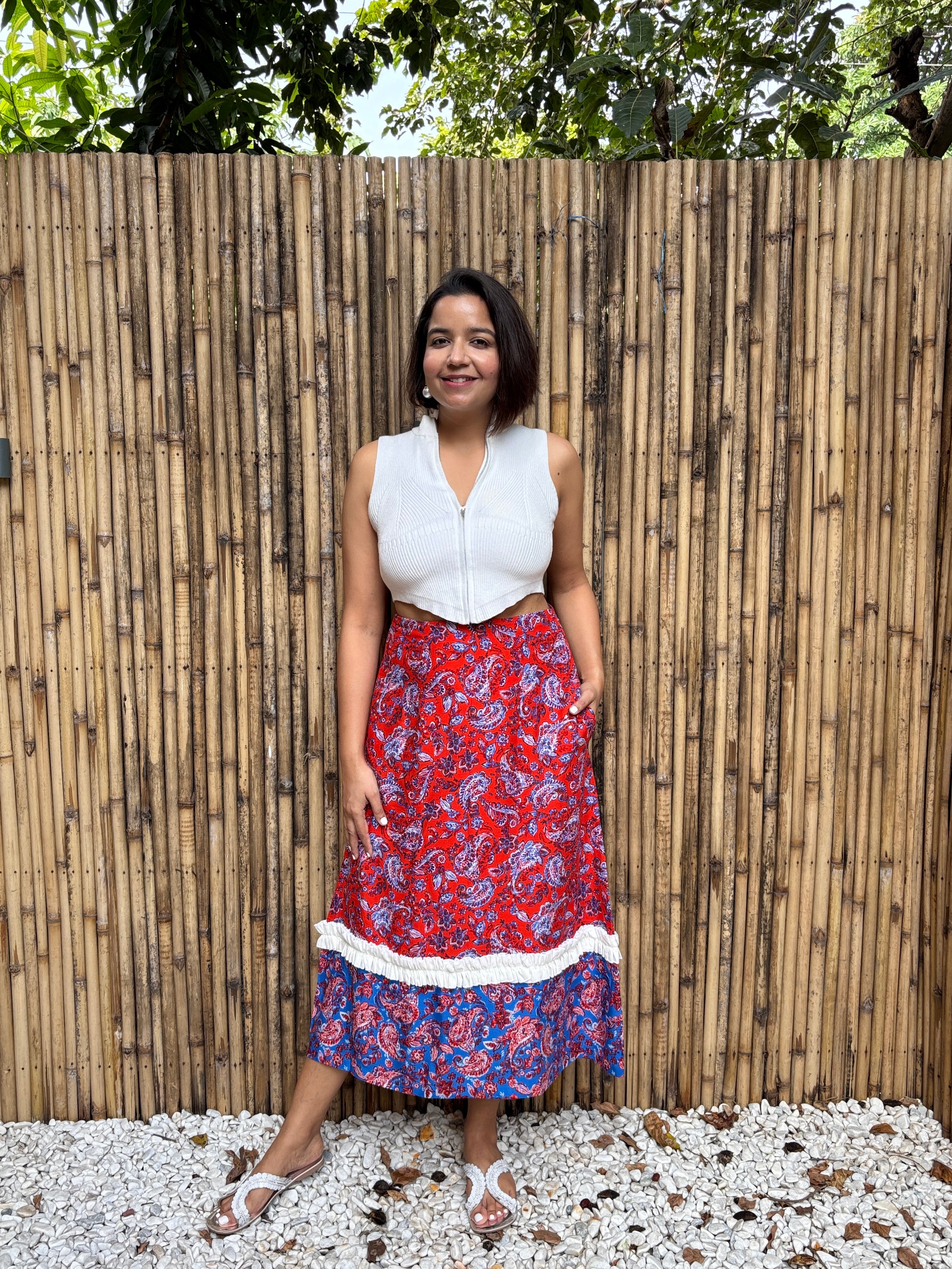 Red & Blue Paisley Frill Midi Skirt