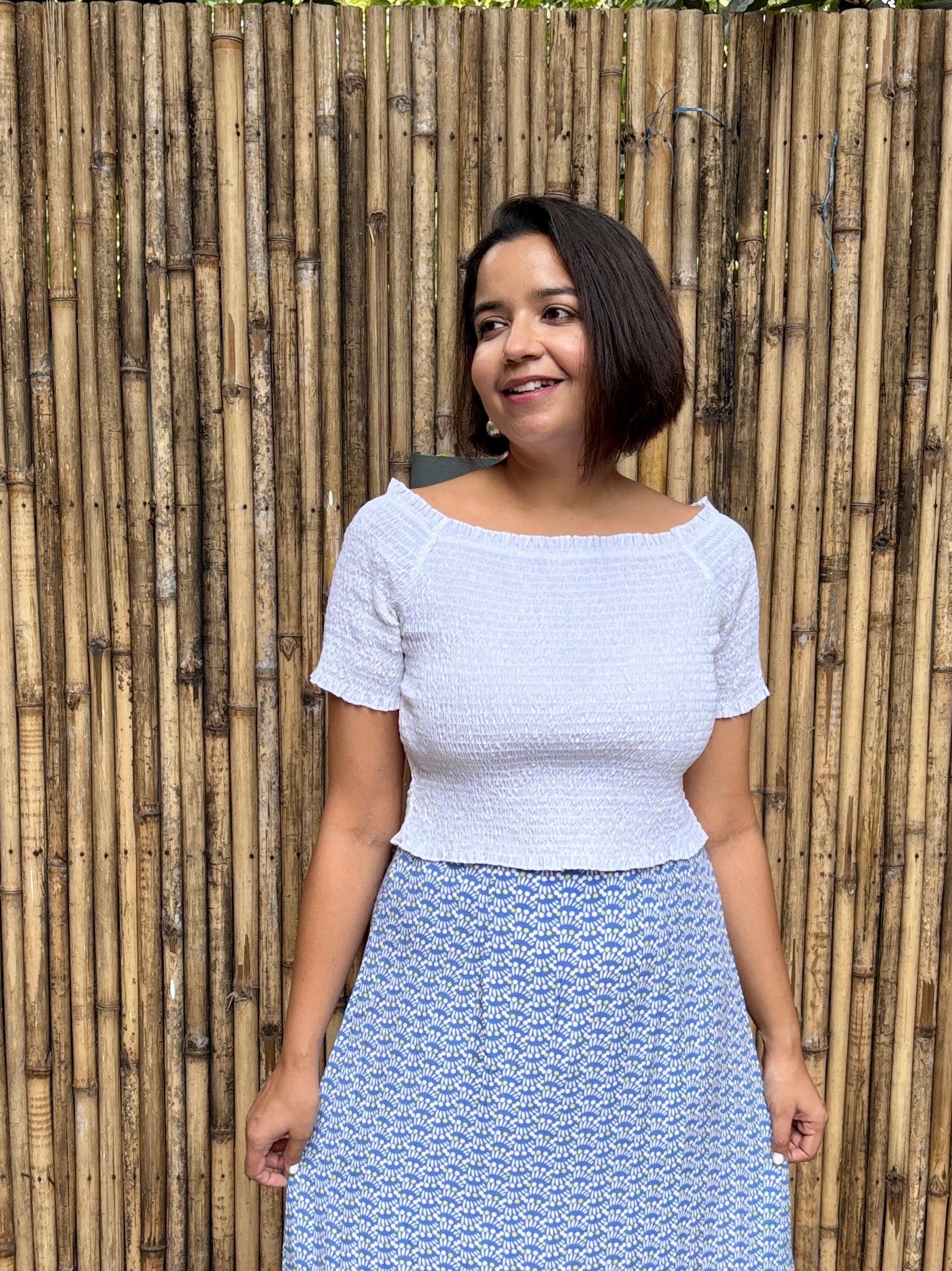 White Cotton Smocked Boat Neck Top