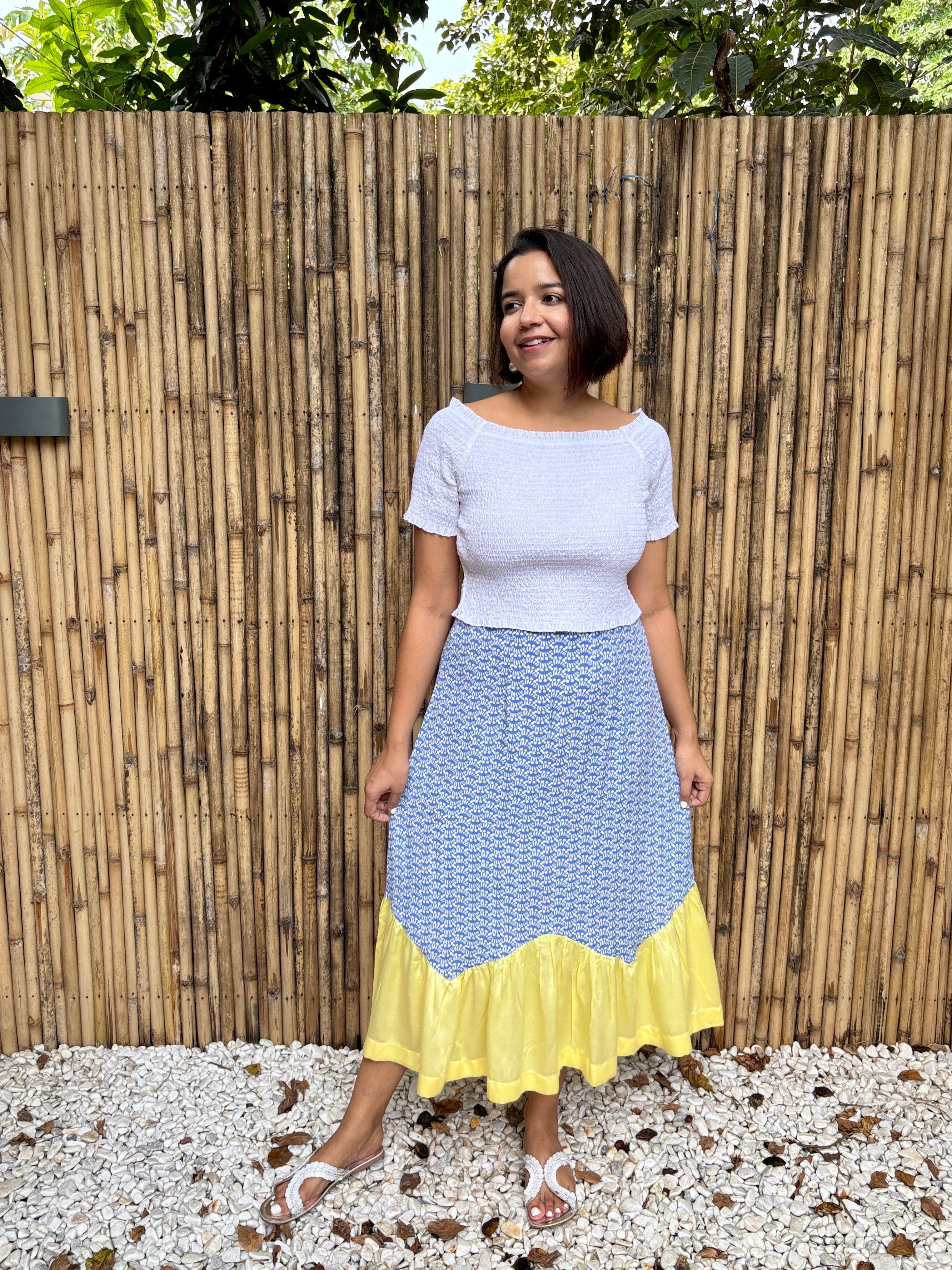 Blue & Yellow Contrast Zig Zag Midi Skirt
