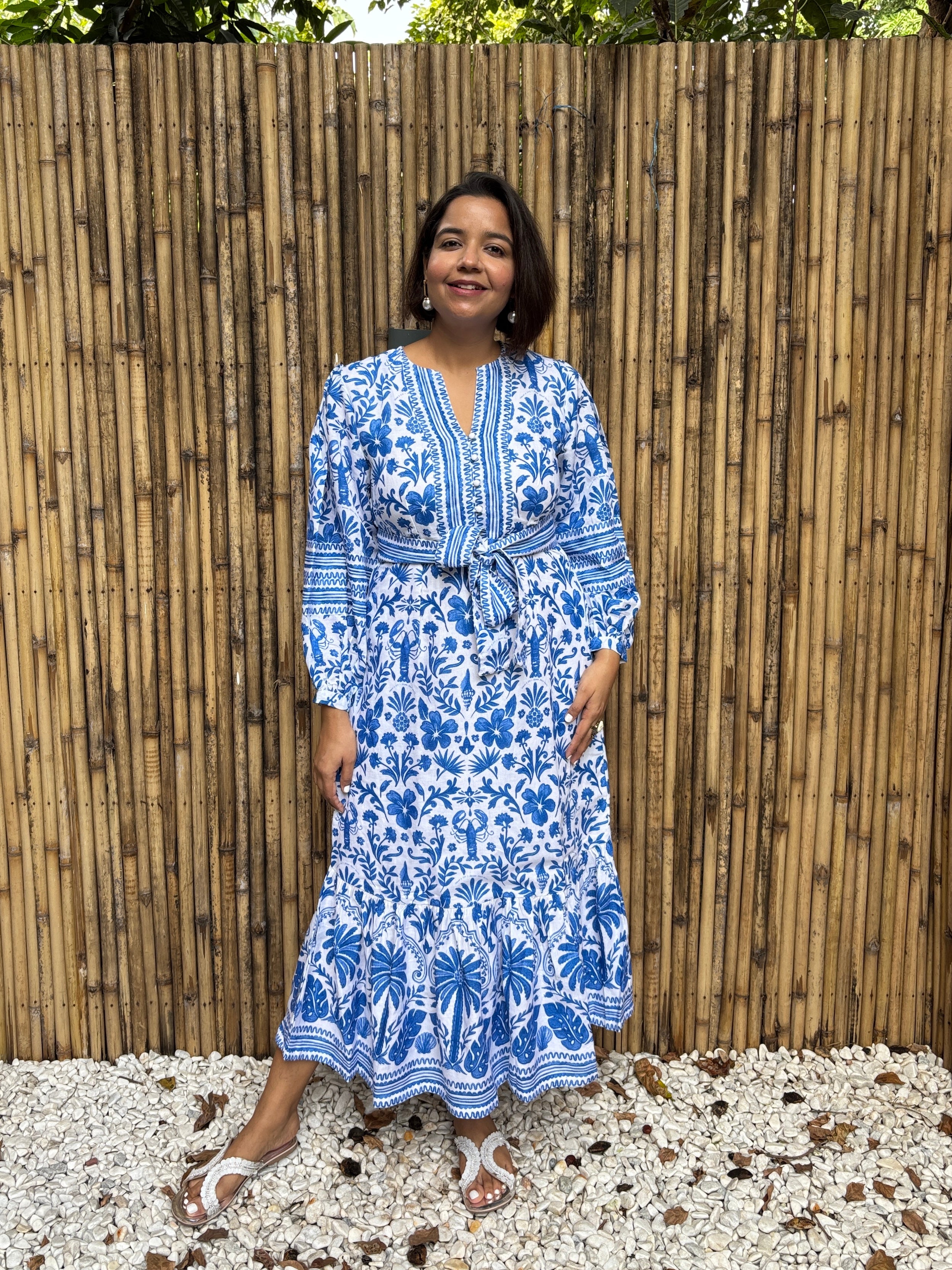 Blue Tile Print Cotton-Linen Midi Dress