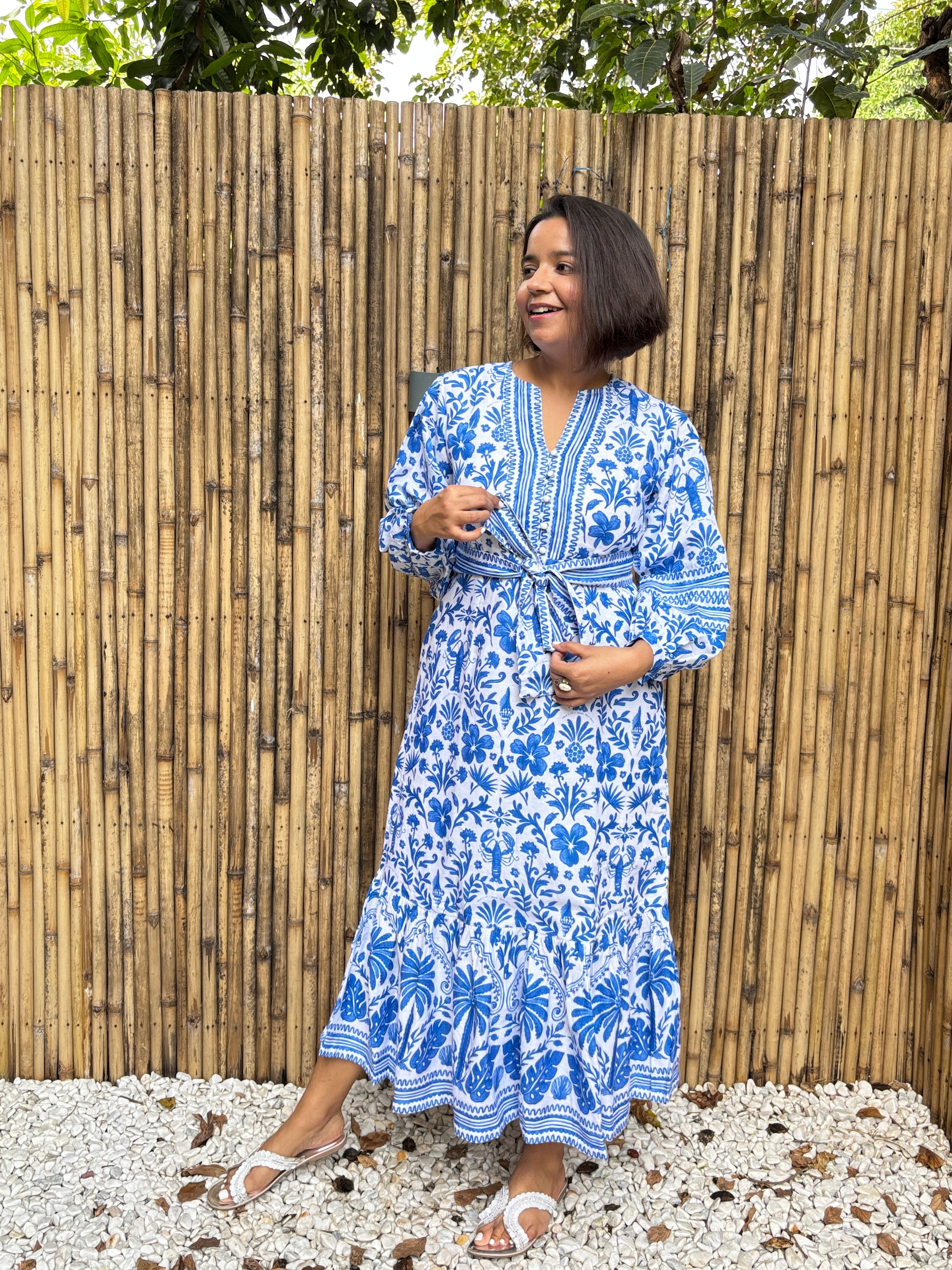 Blue Tile Print Cotton-Linen Midi Dress