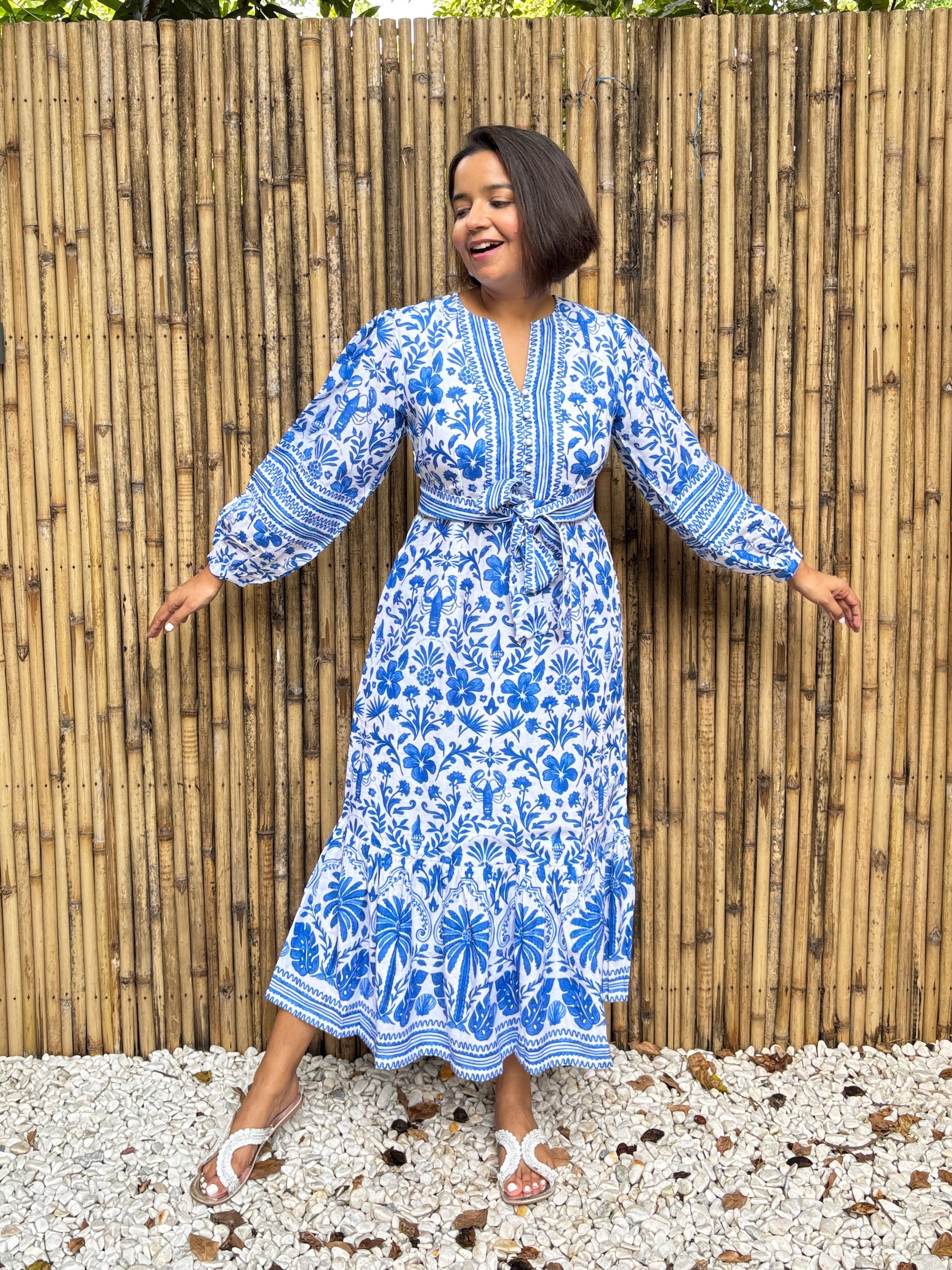 Blue Tile Print Cotton-Linen Midi Dress