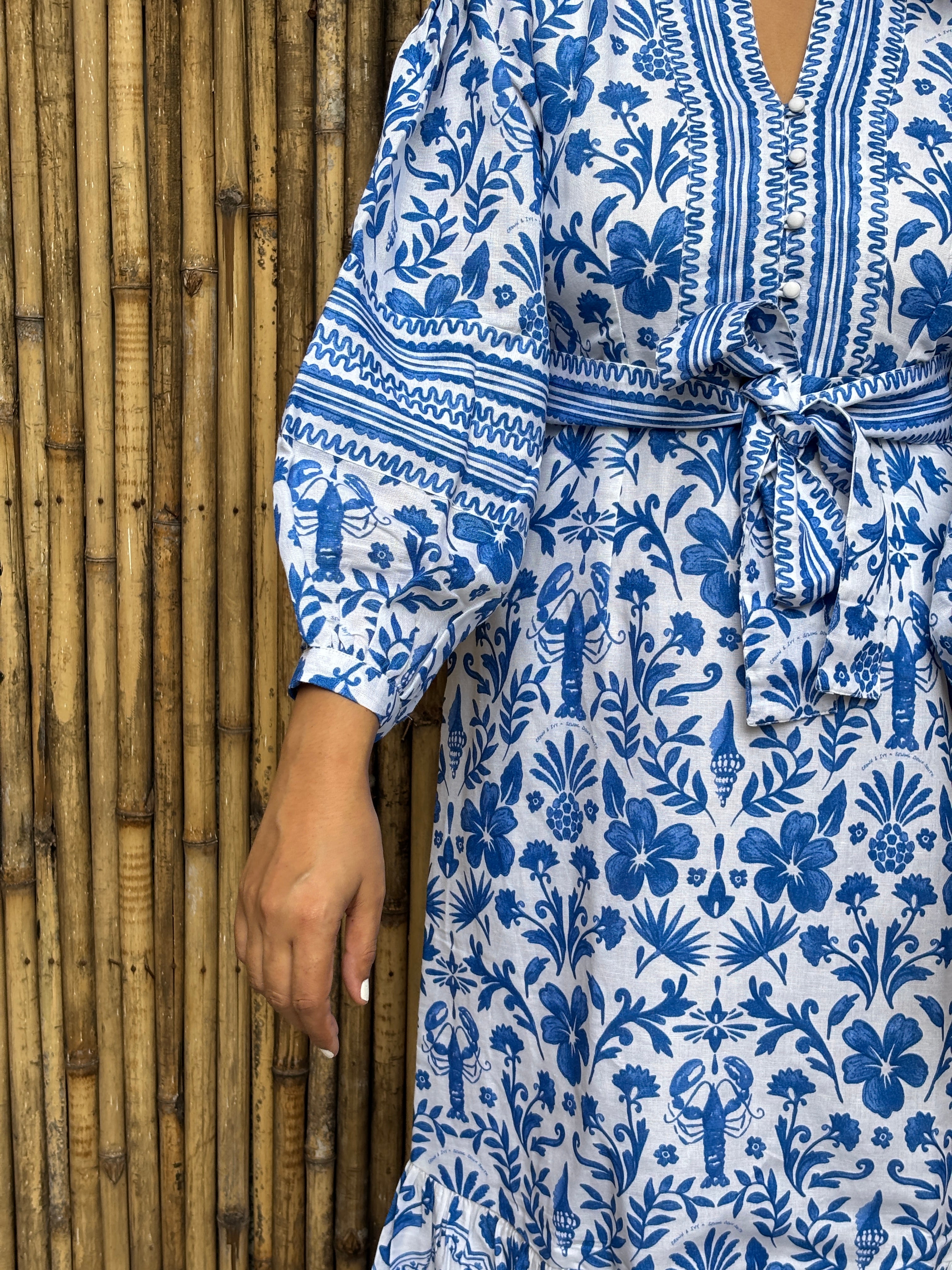 Blue Tile Print Cotton-Linen Midi Dress