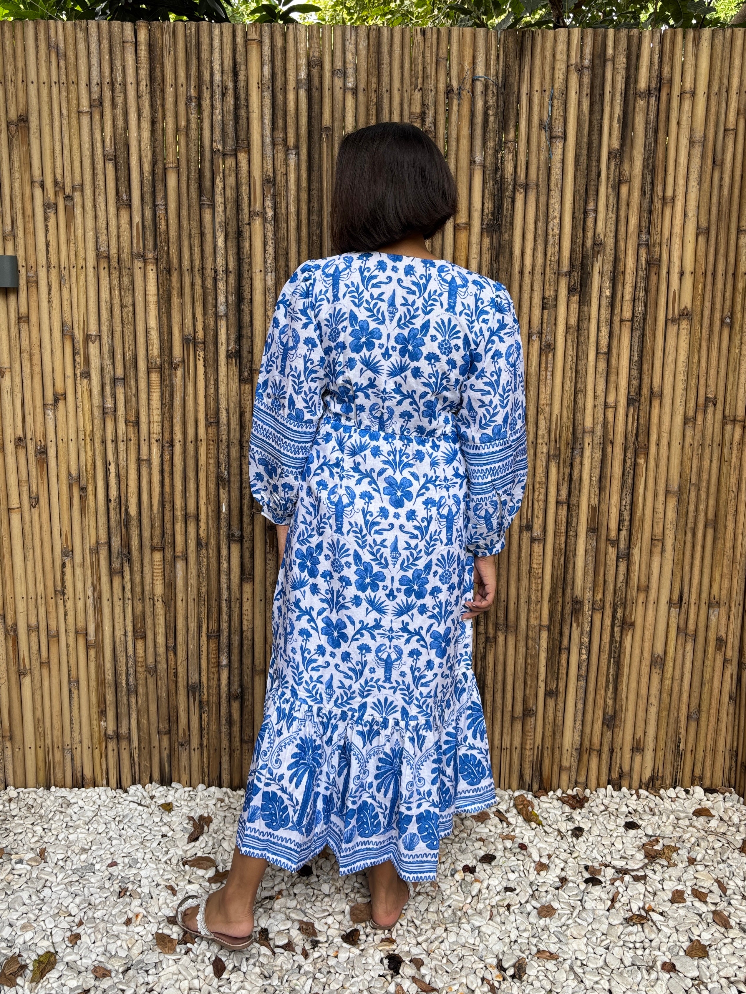 Blue Tile Print Cotton-Linen Midi Dress