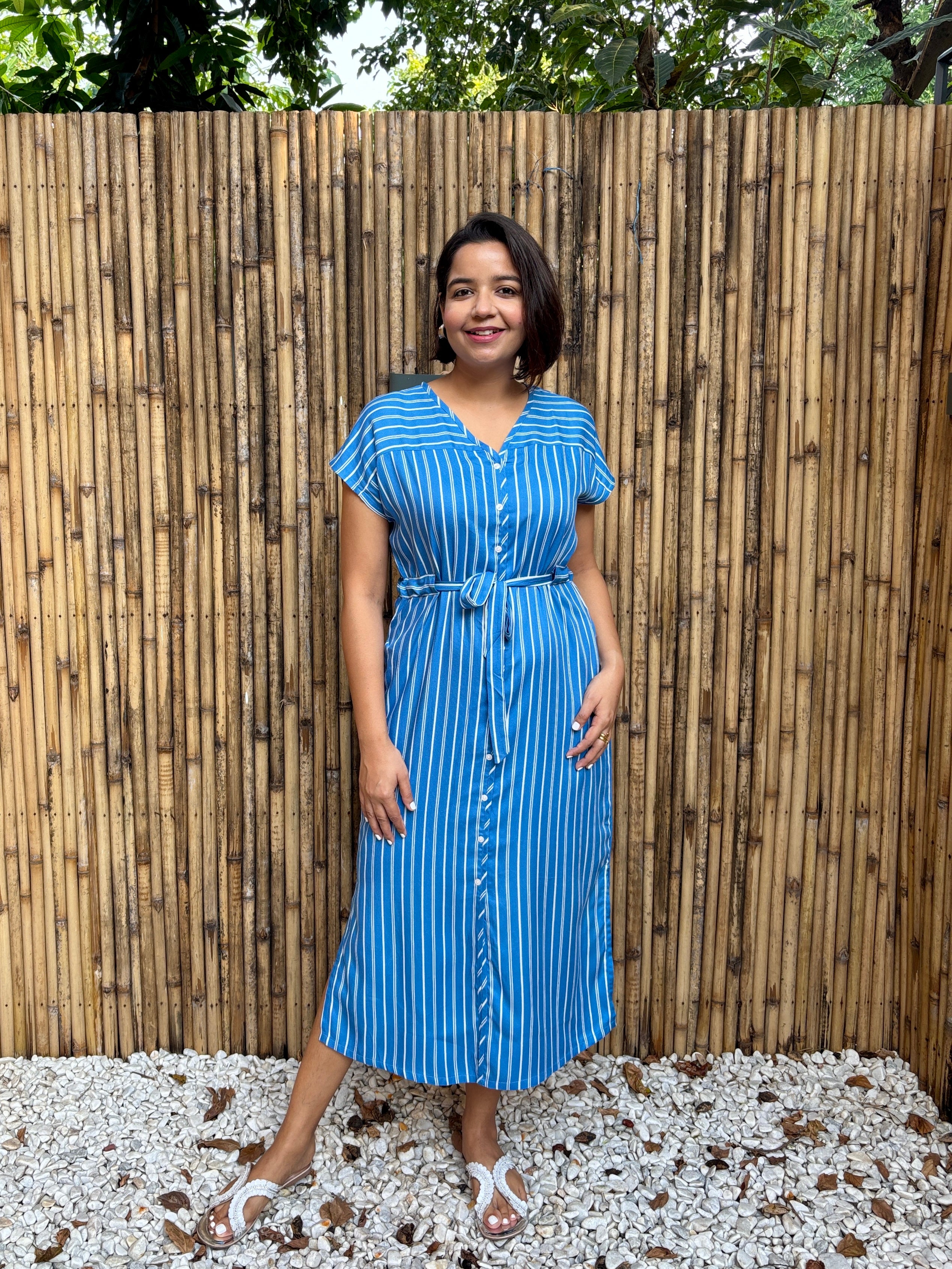 Blue Striped Belted Midi Dress