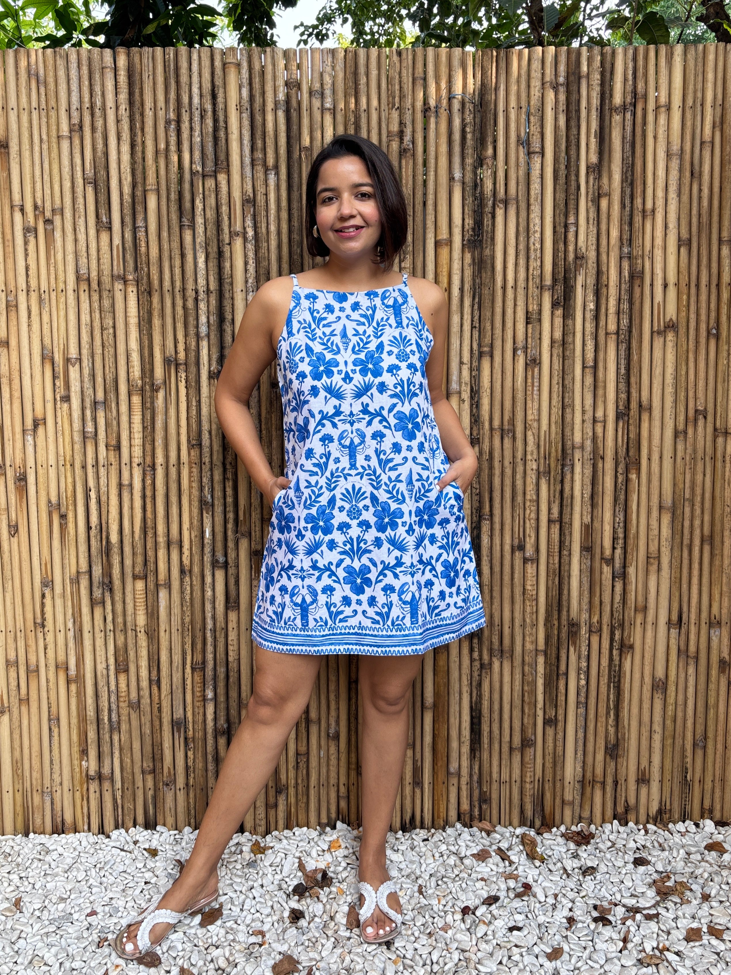 Blue Tile Print Cotton-Linen Mini Dress