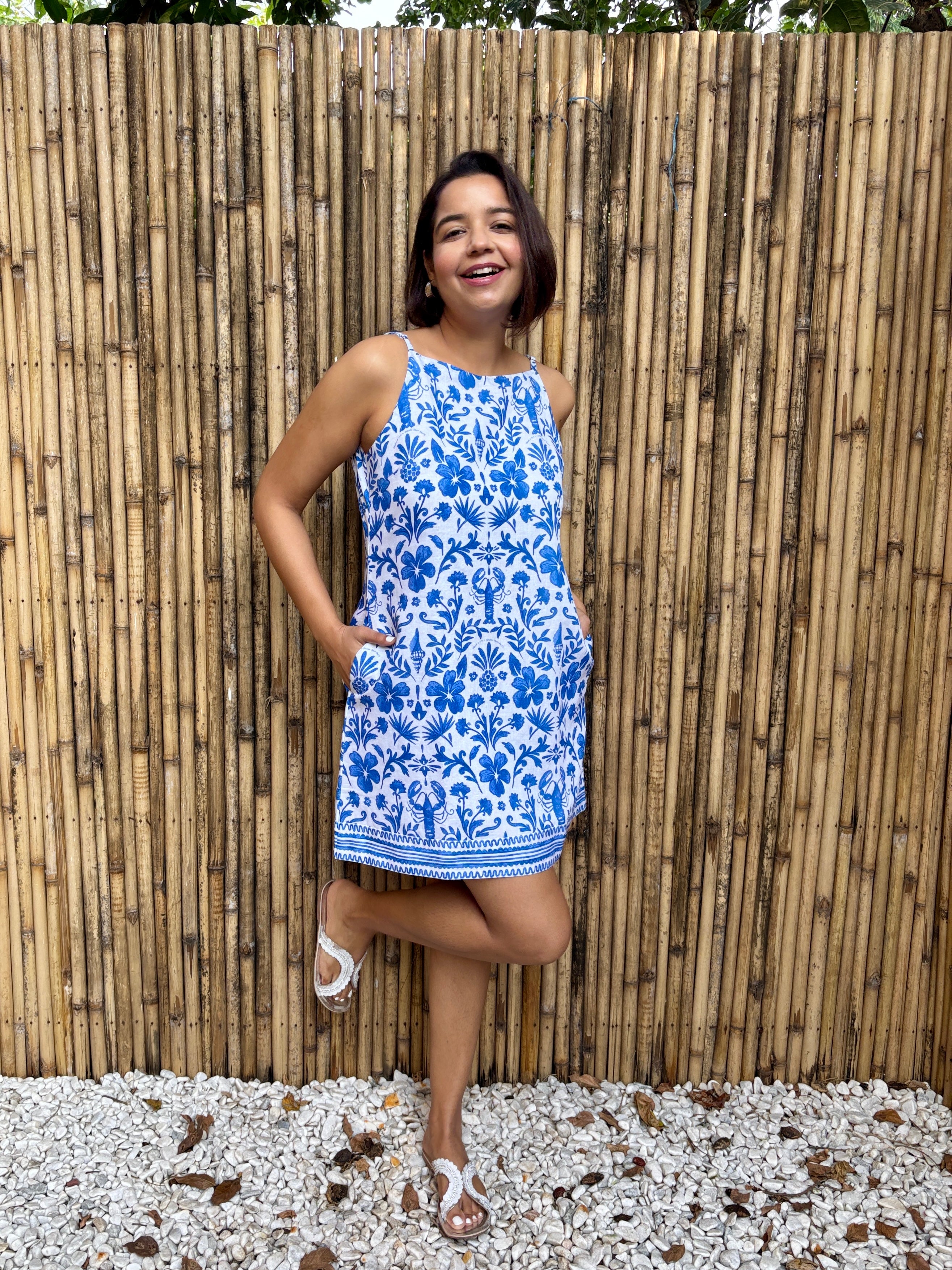 Blue Tile Print Cotton-Linen Mini Dress