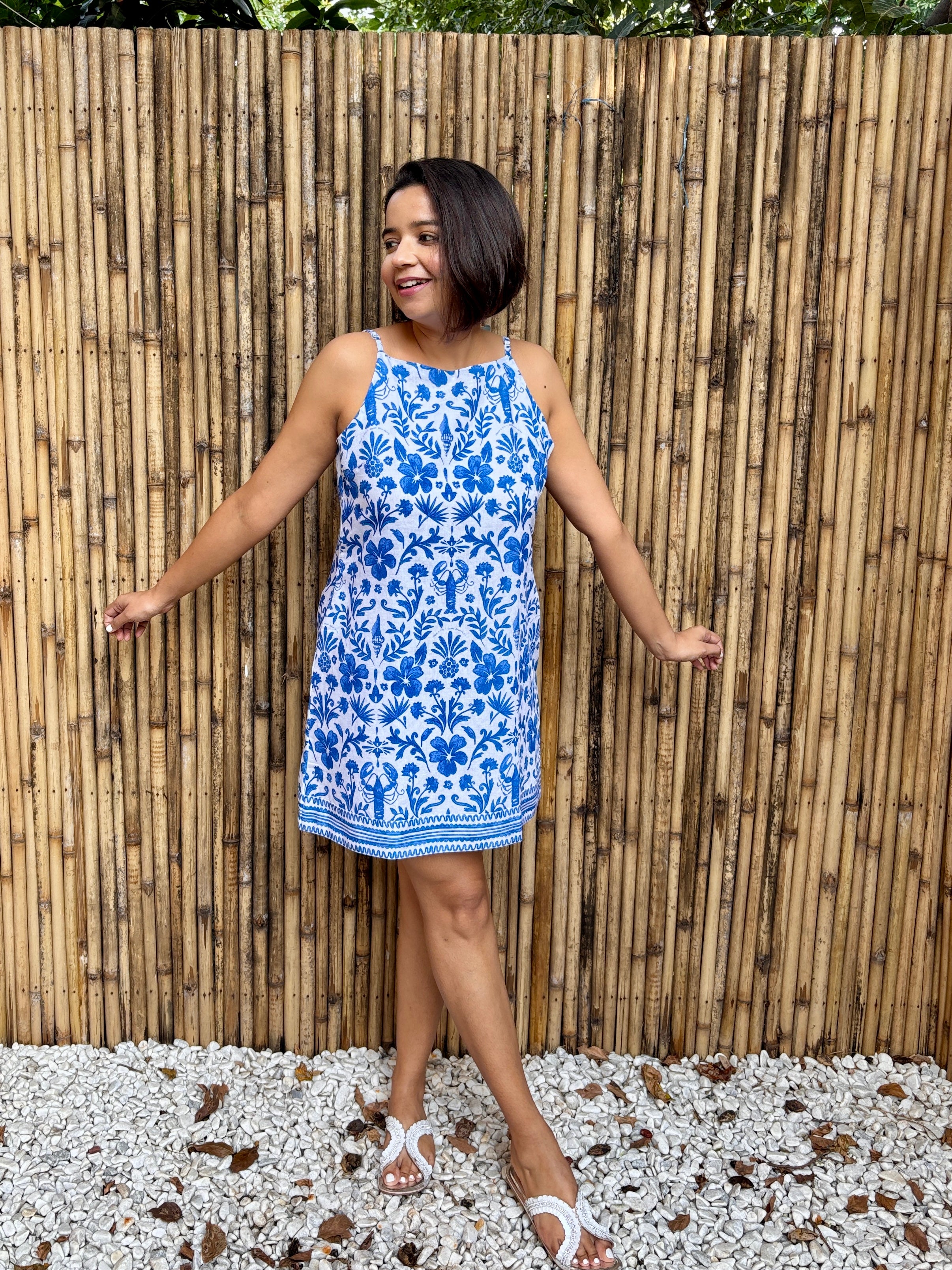 Blue Tile Print Cotton-Linen Mini Dress
