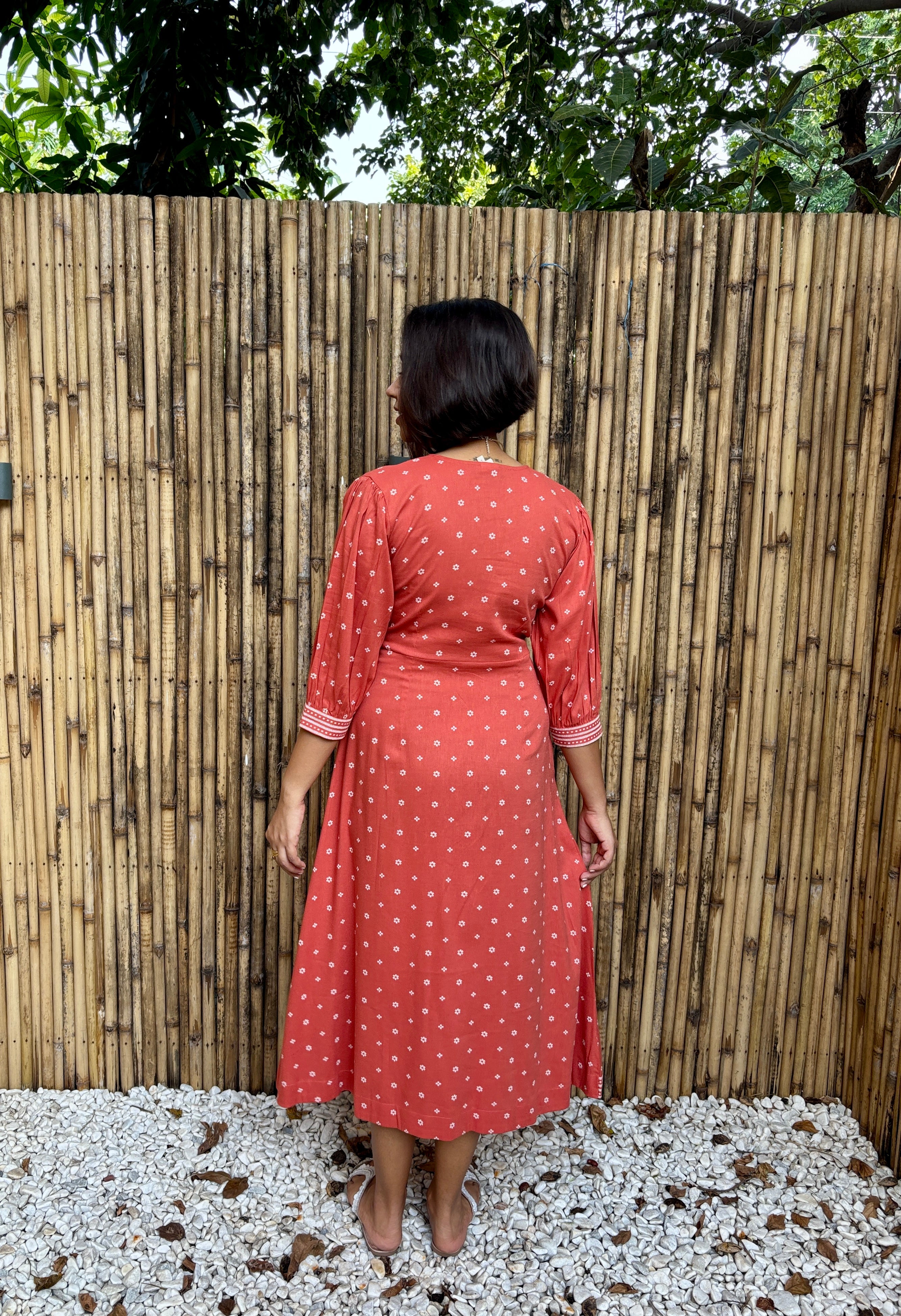 Coral Printed A-Line Midi Dress